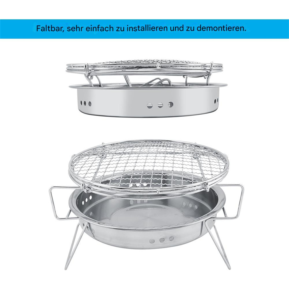 Faltbare Grillteile. Zwei Teile des Grills sind abgebaut dargestellt.