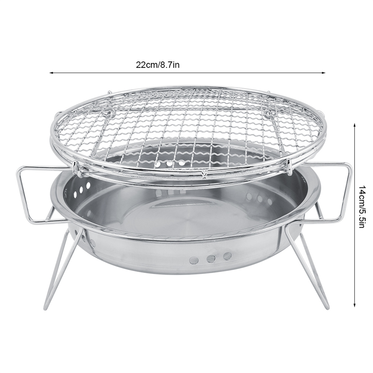 Ein Edelstahlgrill mit Abmessungen, auf einem Metallsockel mit Beinen.