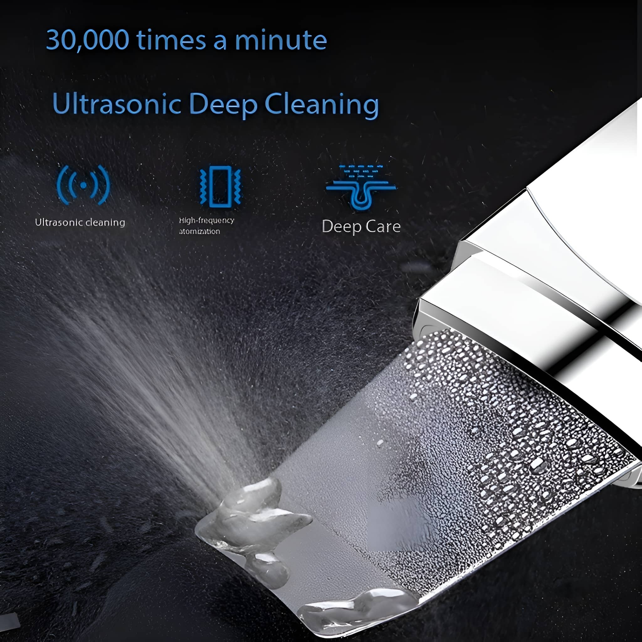 Nahaufnahme eines Geräts, das Wasser sprüht. Text sagt: Ultraschall-Tiefenreinigung.