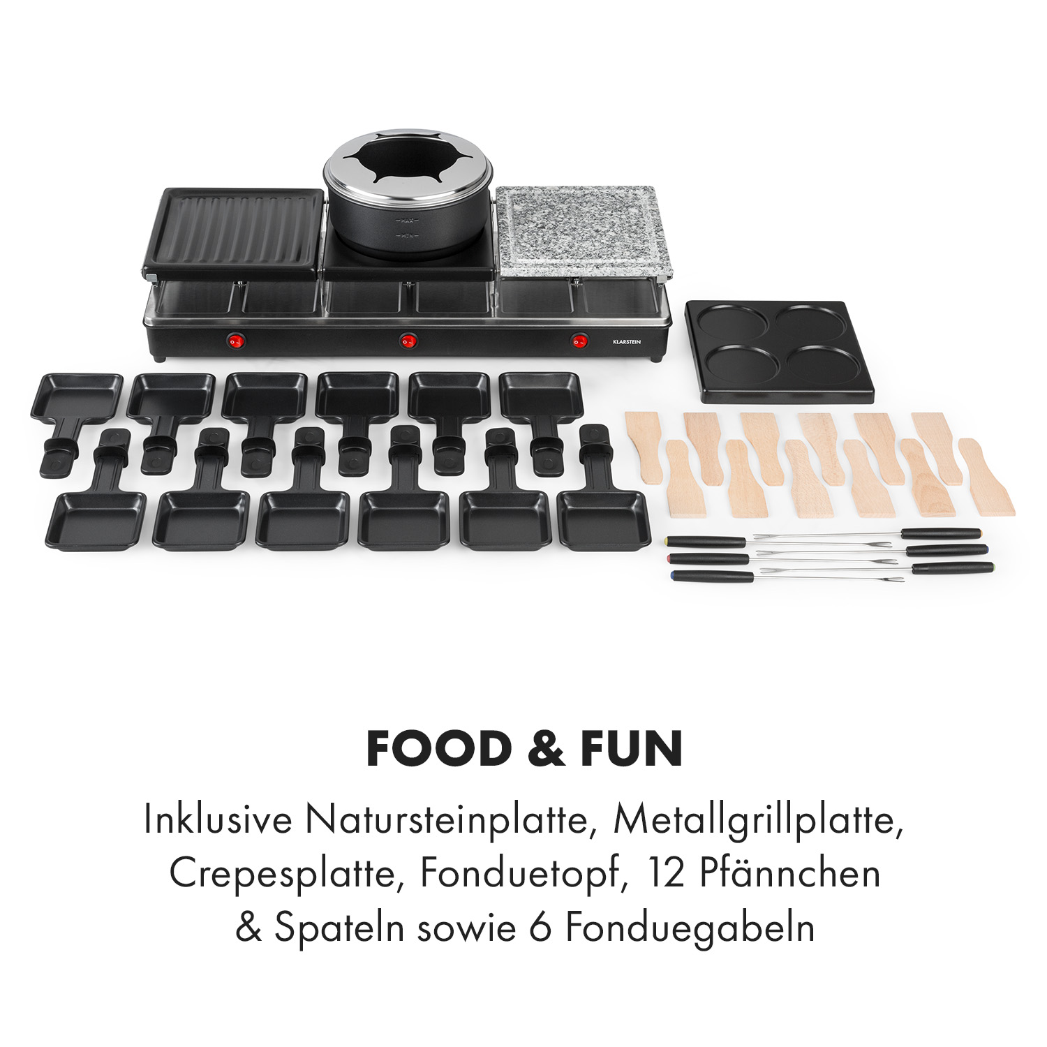 Set per griglia raclette con più superfici di cottura, padelle, spatole e pentola per fonduta.