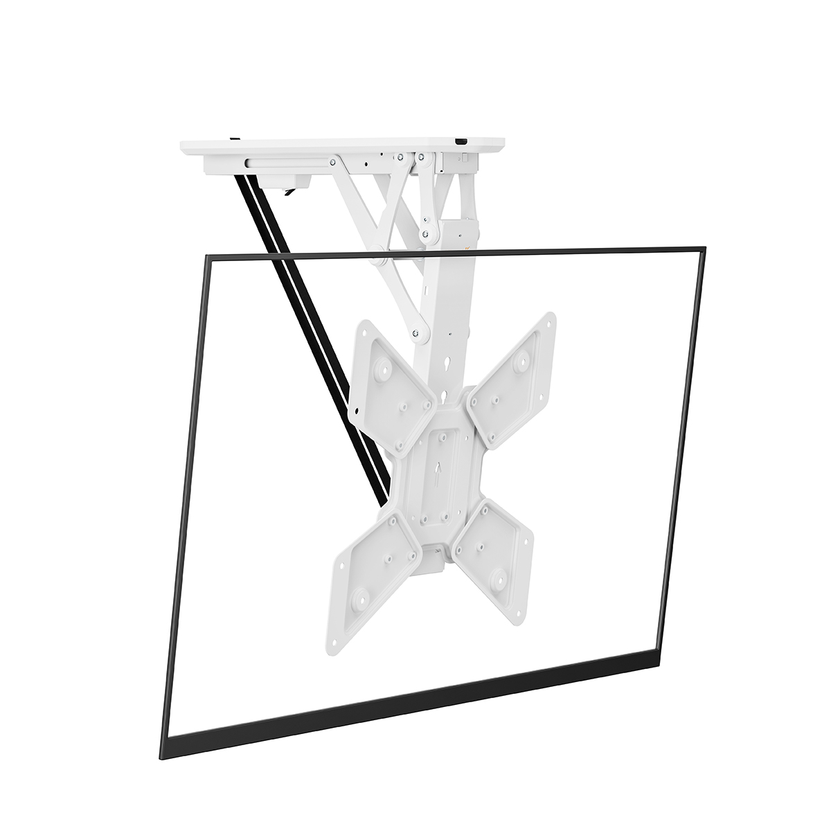 Weißer Decken-TV-Halter mit schwarzem TV-Rahmen. Weißer Hintergrund.