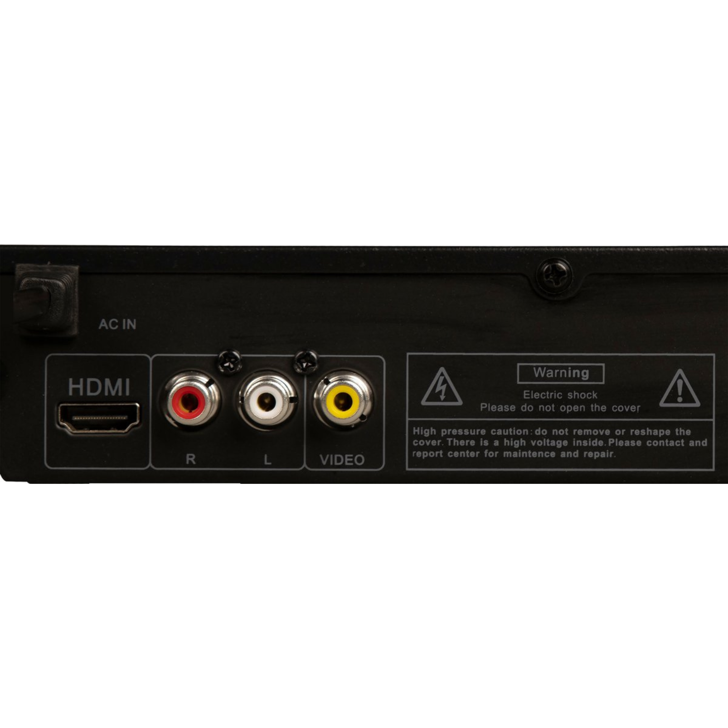 Panneau arrière d'un appareil avec ports HDMI, vidéo et audio, et une étiquette d'avertissement.