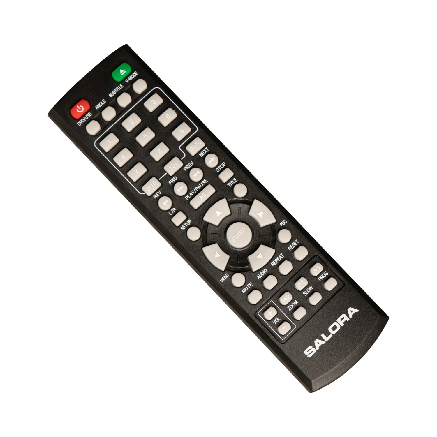 Télécommande noire avec de nombreux boutons. 'SALORA' en bas.