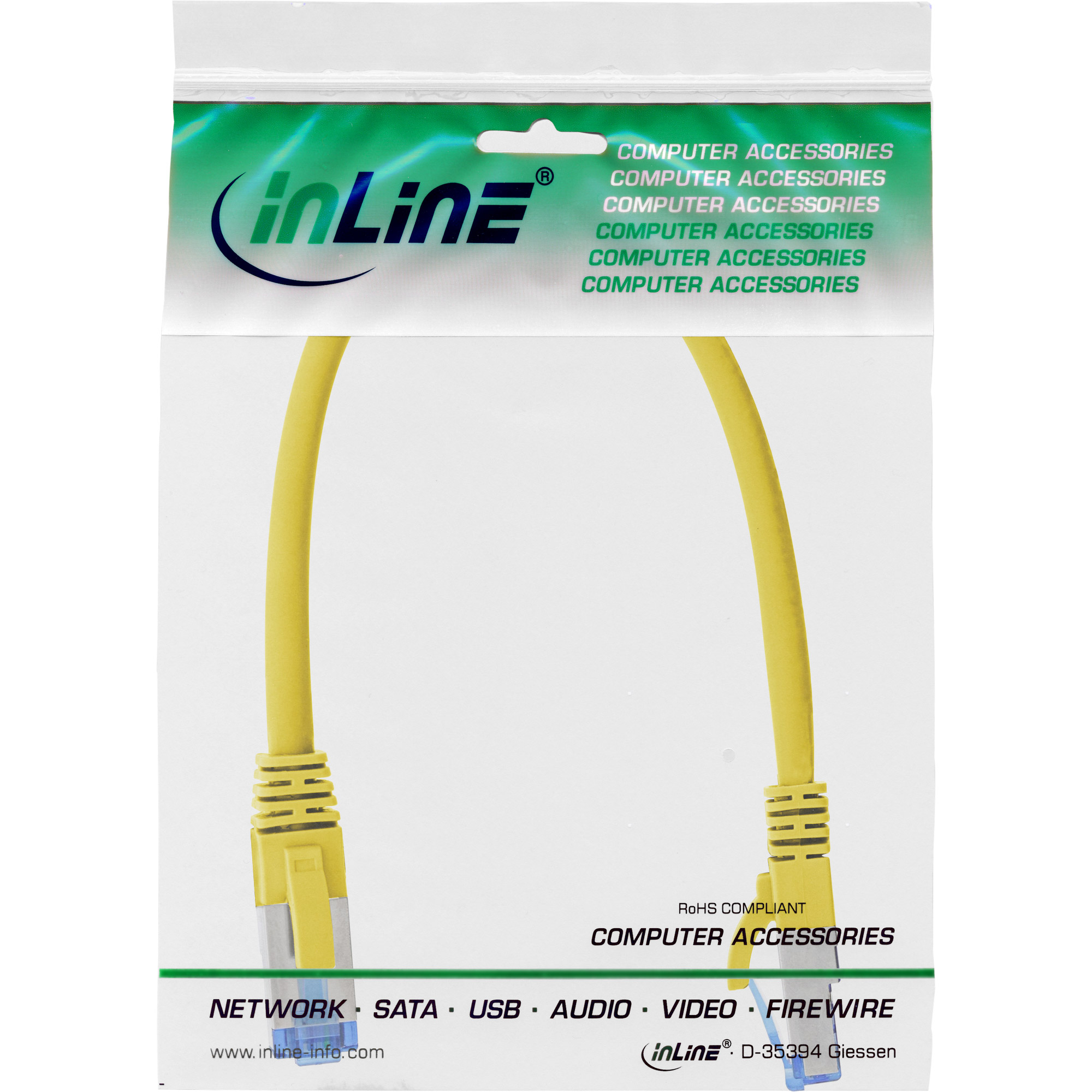 Câble Ethernet jaune dans un emballage plastique transparent, étiqueté avec 'inLine' et 'Computer Accessories'.