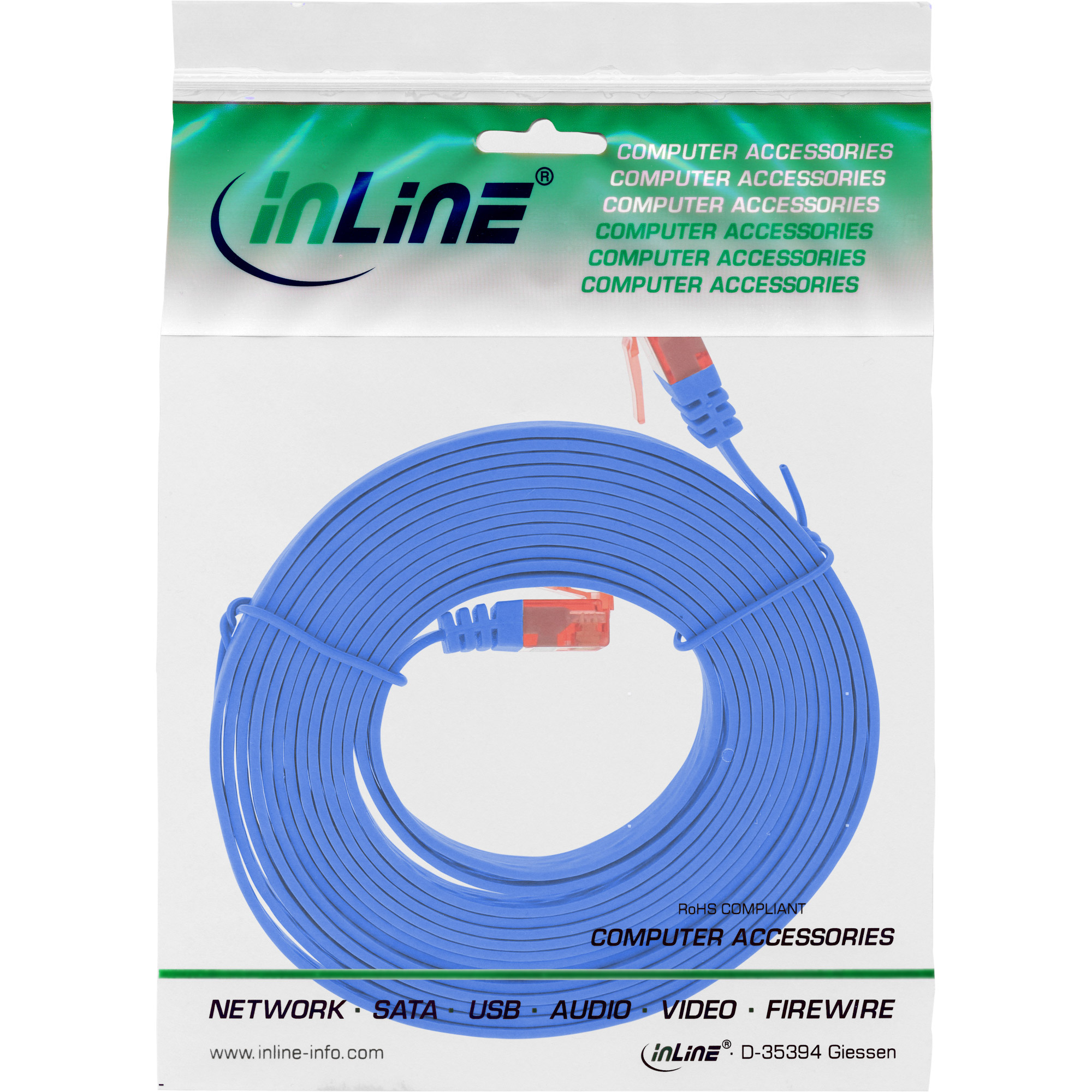 Cavo di rete blu in sacchetto di plastica con logo 'inLine'.