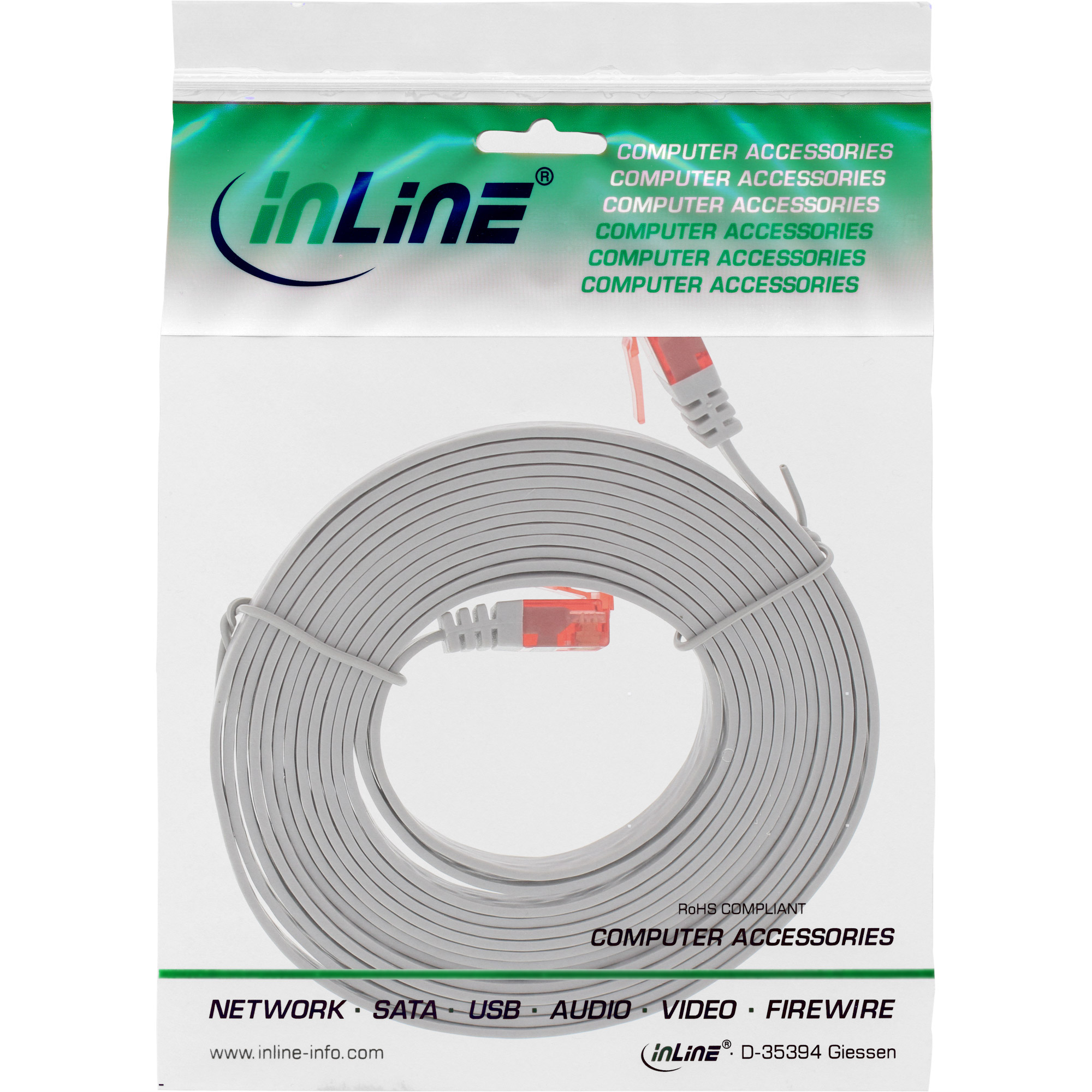 Câble réseau gris dans un sac plastique avec le logo 'inLine'.
