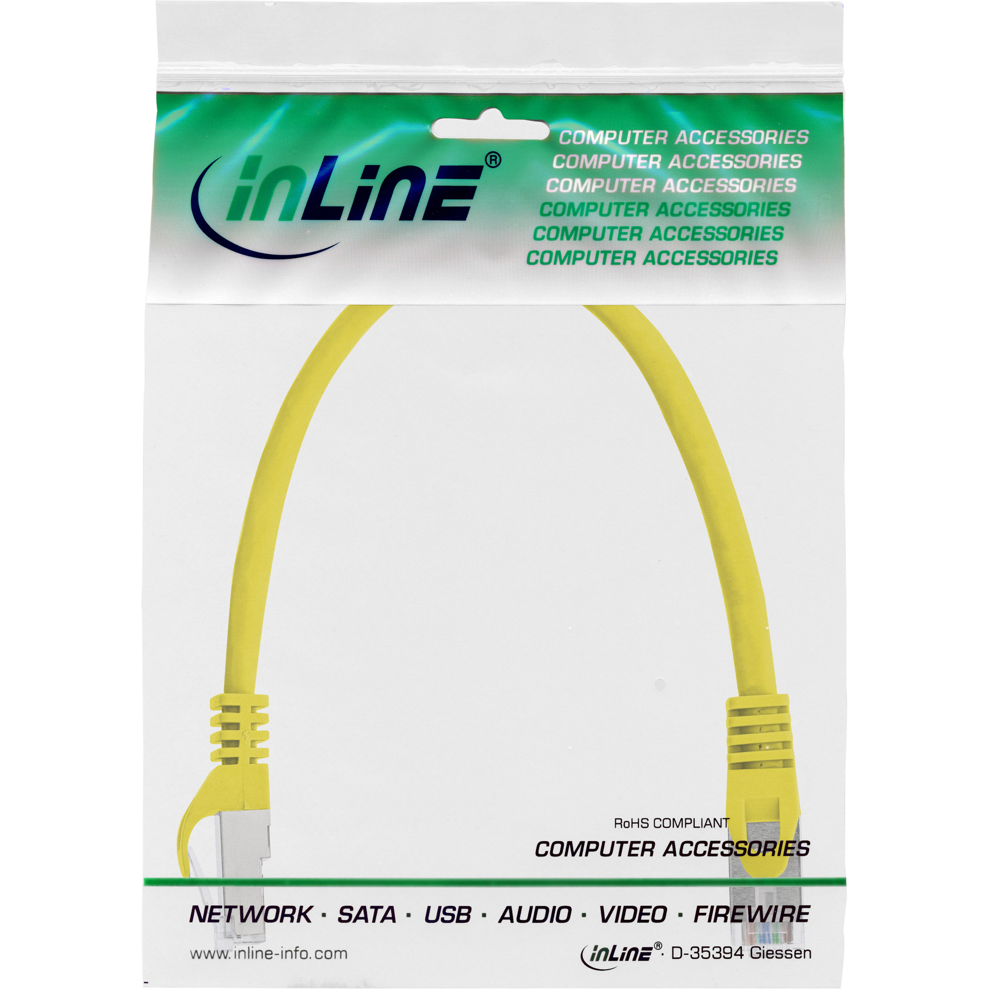 Cavo di rete giallo in sacchetto di plastica con logo 'inLine'.