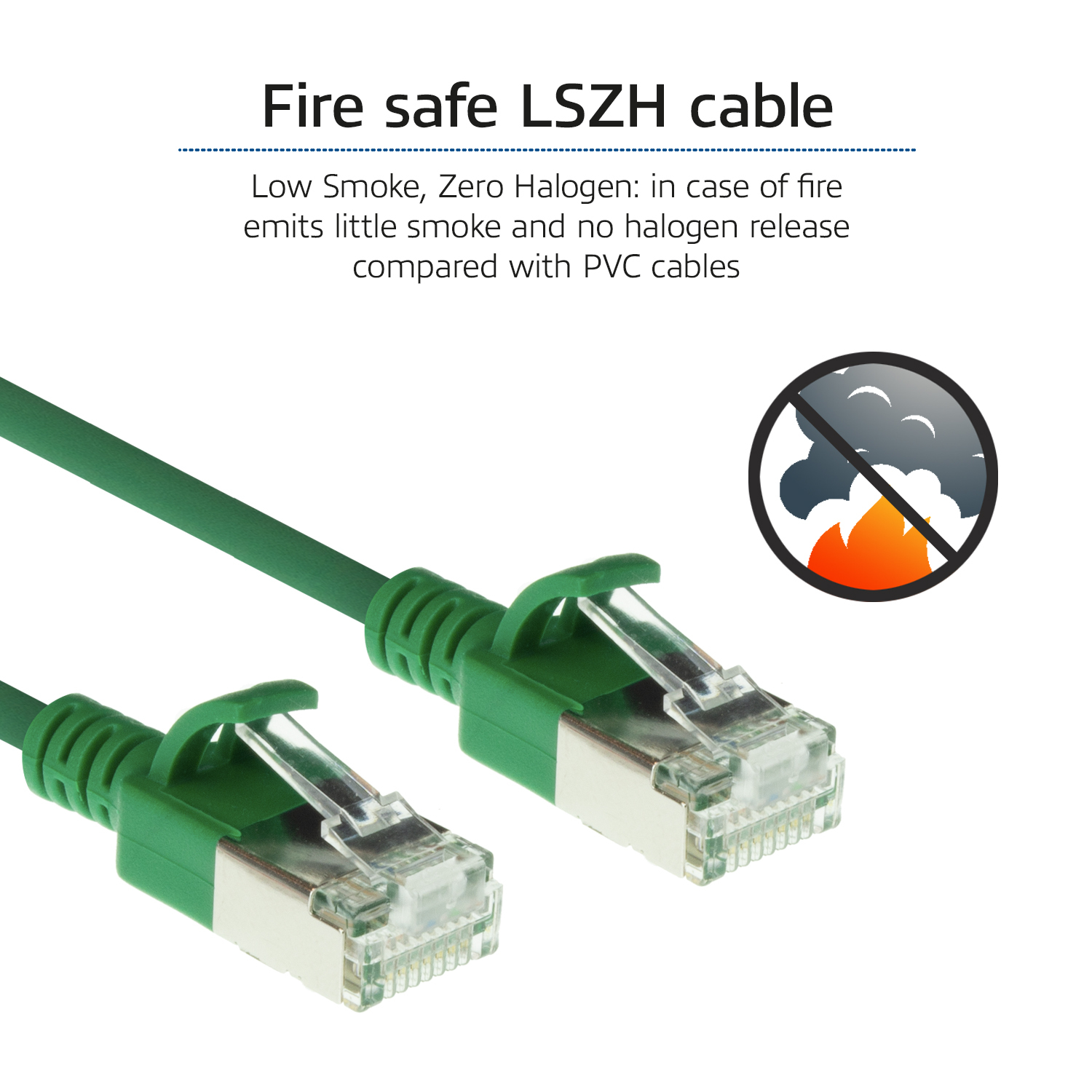 Grünes Netzwerkkabel mit Steckern. Die Abbildung zeigt ein Brandschutzlogo. Weißer Hintergrund.