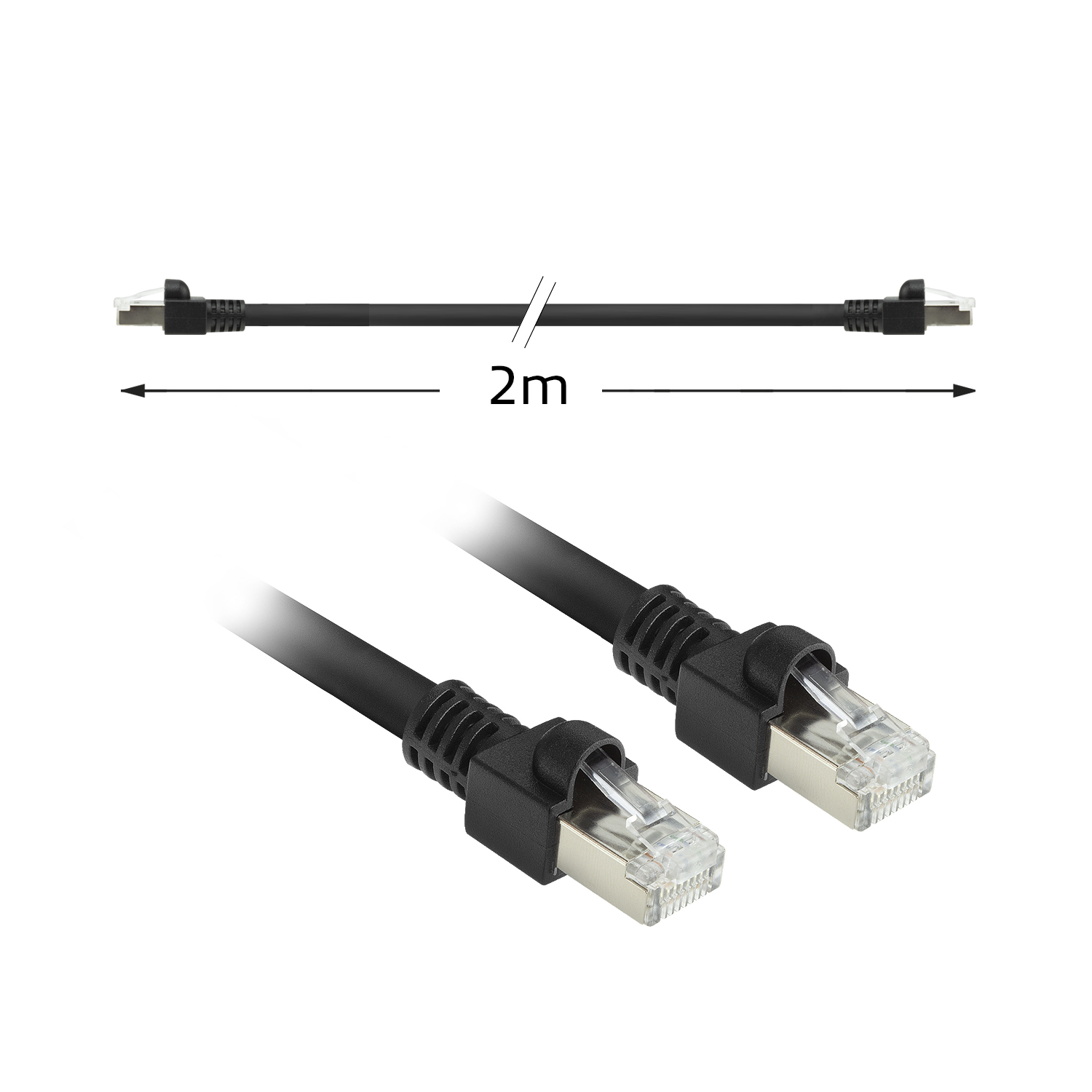 Black network cable with connectors at each end. White background with black arrow and text 2m.