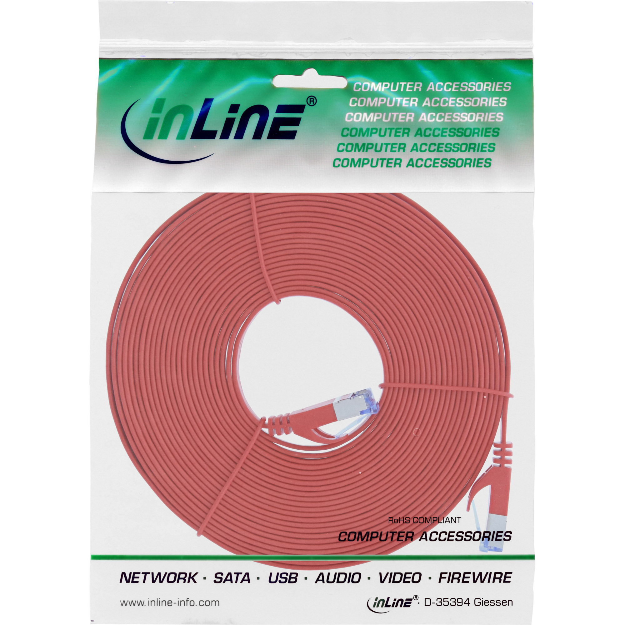 Câble réseau rouge plat dans un sac plastique transparent. La marque 'inLine' est visible.