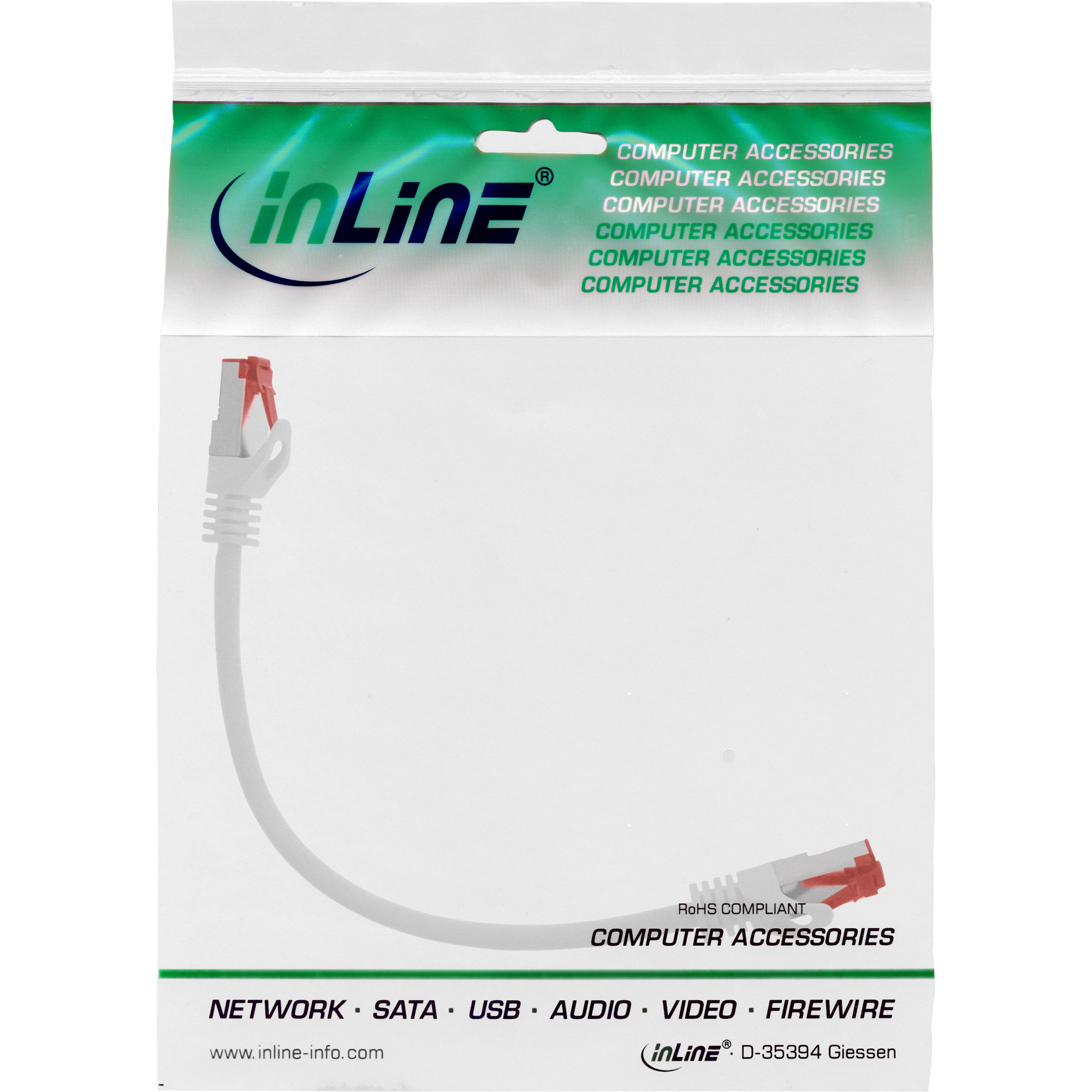 Un cavo bianco con connettori rossi, confezionato in una busta trasparente con il logo 'inLine'.