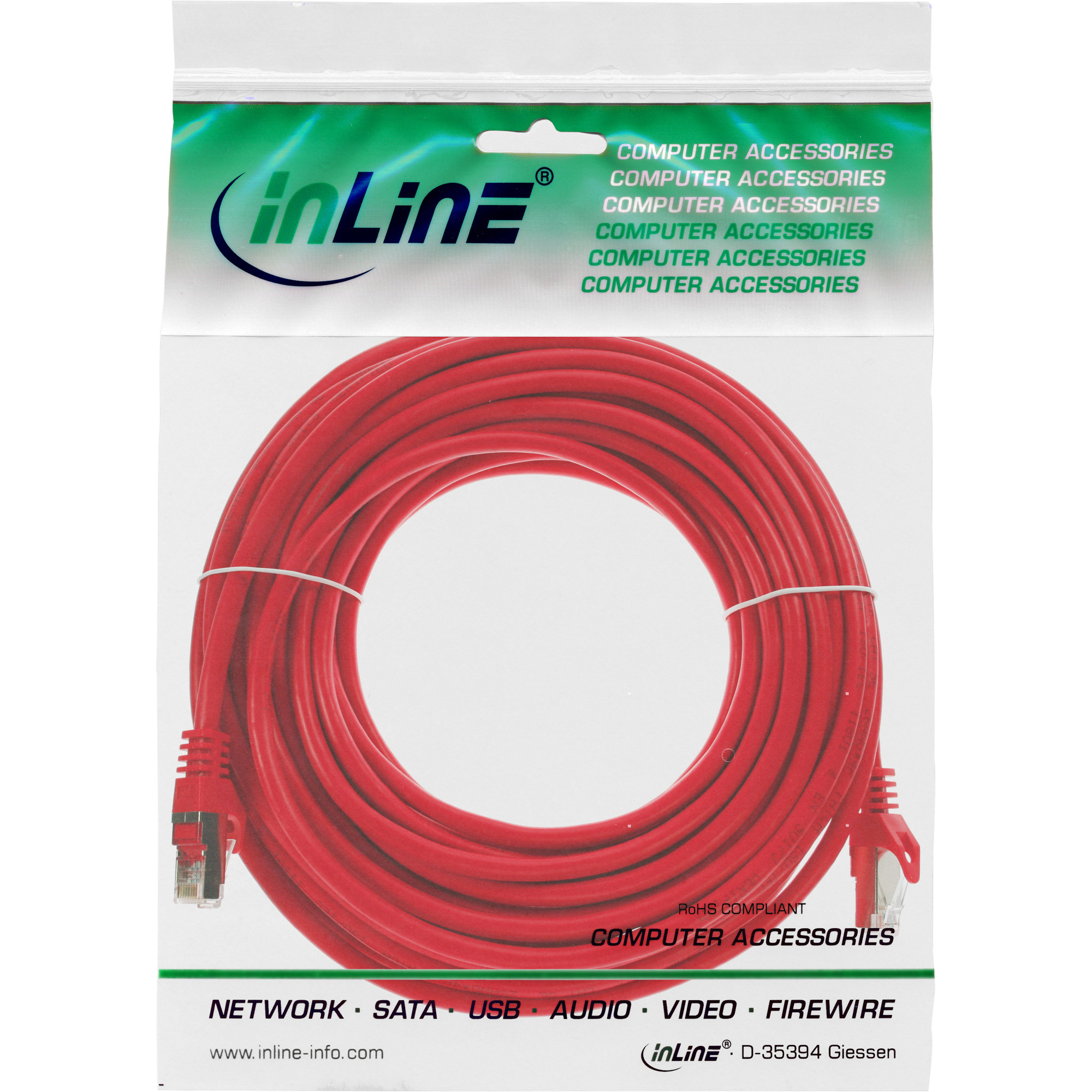 Cavo di rete rosso, arrotolato, in un sacchetto trasparente. Il marchio 'inLine'.