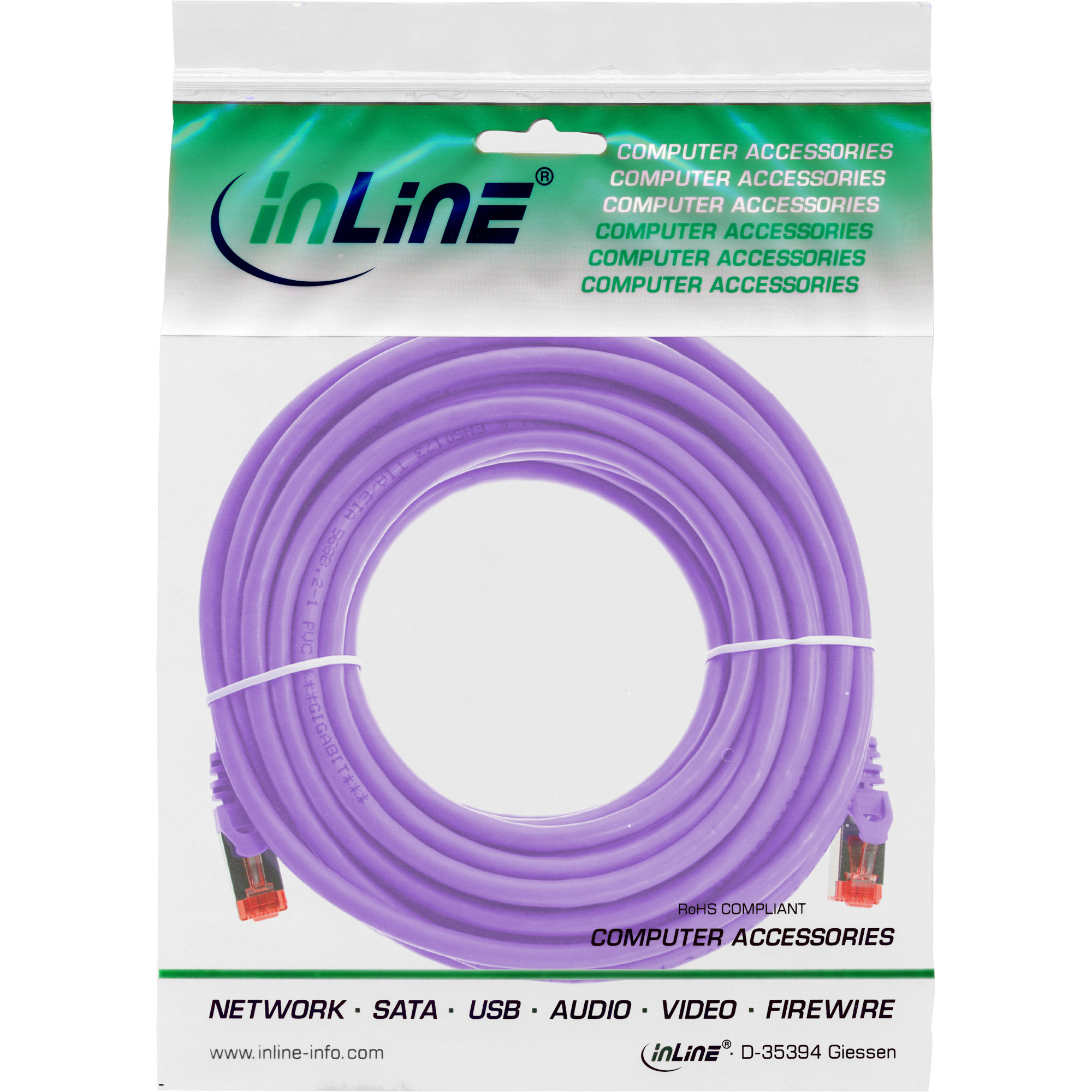 Paarse Ethernetkabel opgerold in een plastic zak. De zak heeft het inLine-logo en de tekst computeraccessoires.