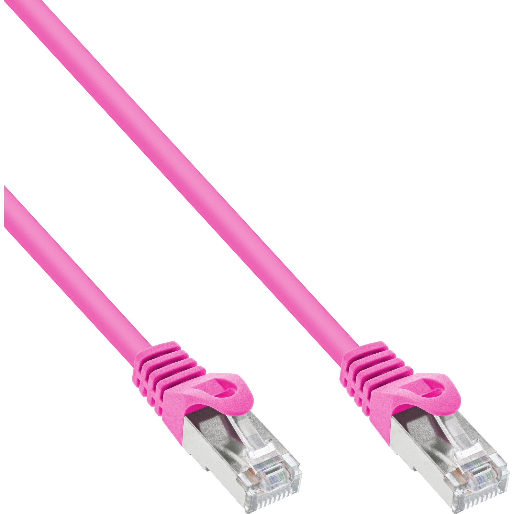 Un cavo ethernet rosa. Il cavo ha connettori su entrambe le estremità. I connettori sono argentati.