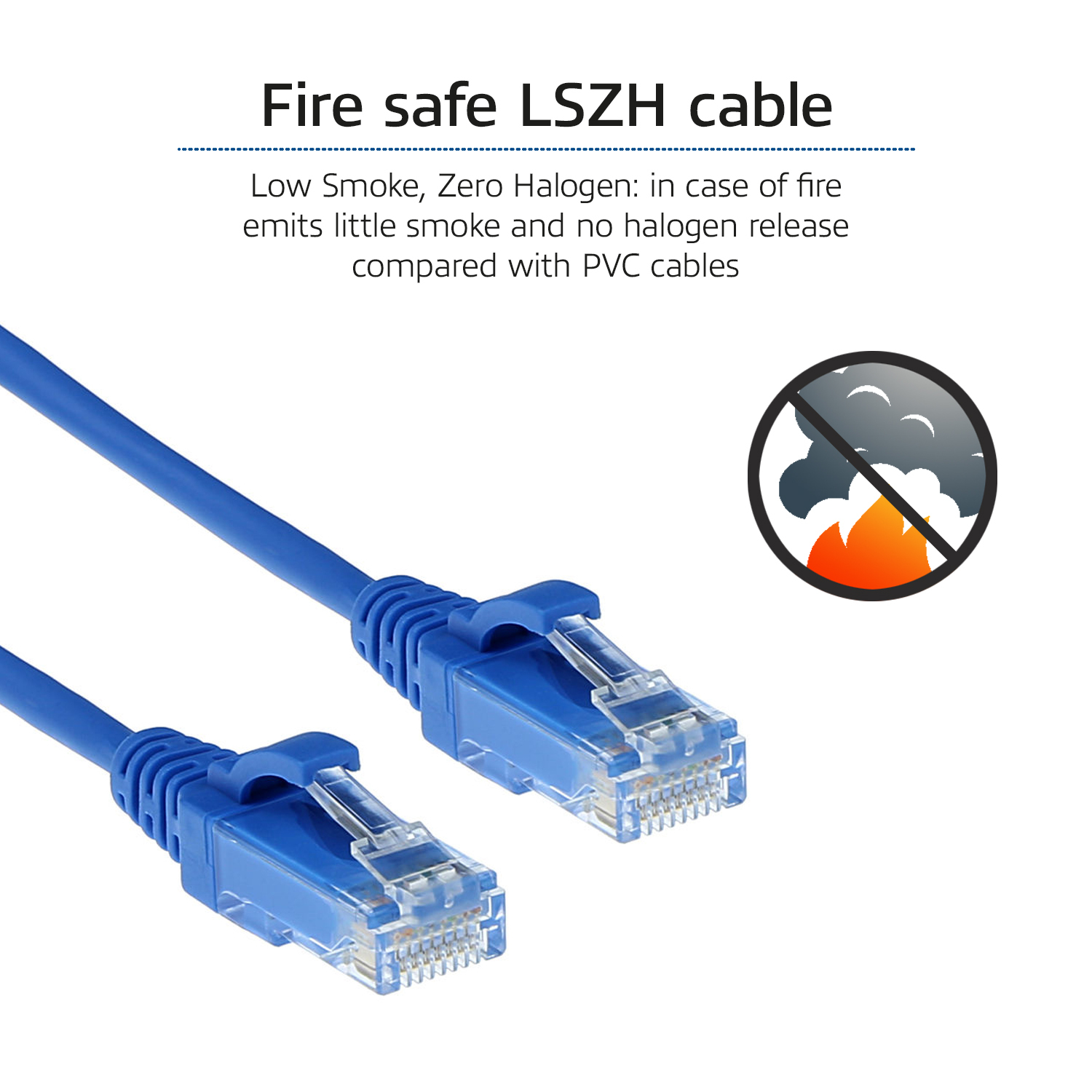 Due cavi Ethernet blu con connettori. Testo: Cavo LSZH ignifugo. Nessun fumo in caso di incendio.