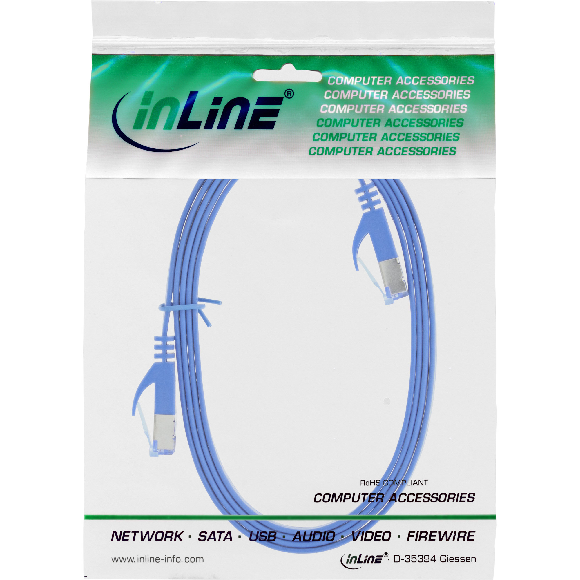 Blauwe Ethernetkabel opgerold in een plastic zak. De zak heeft het inLine-logo en computeraccessoires.