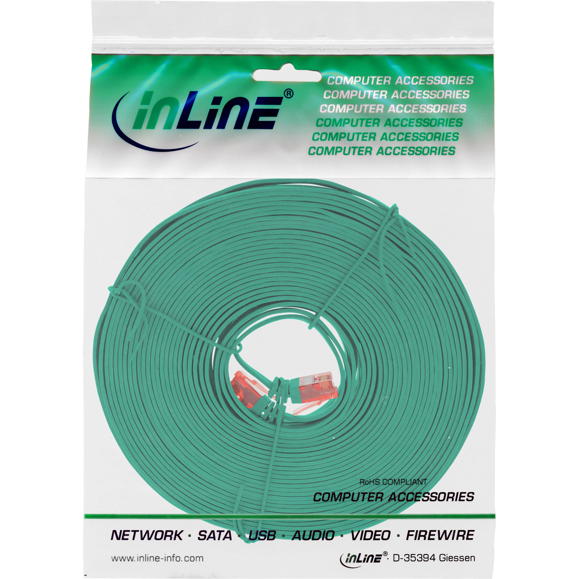 Câble réseau plat vert dans un sac plastique avec texte accessoires informatiques.