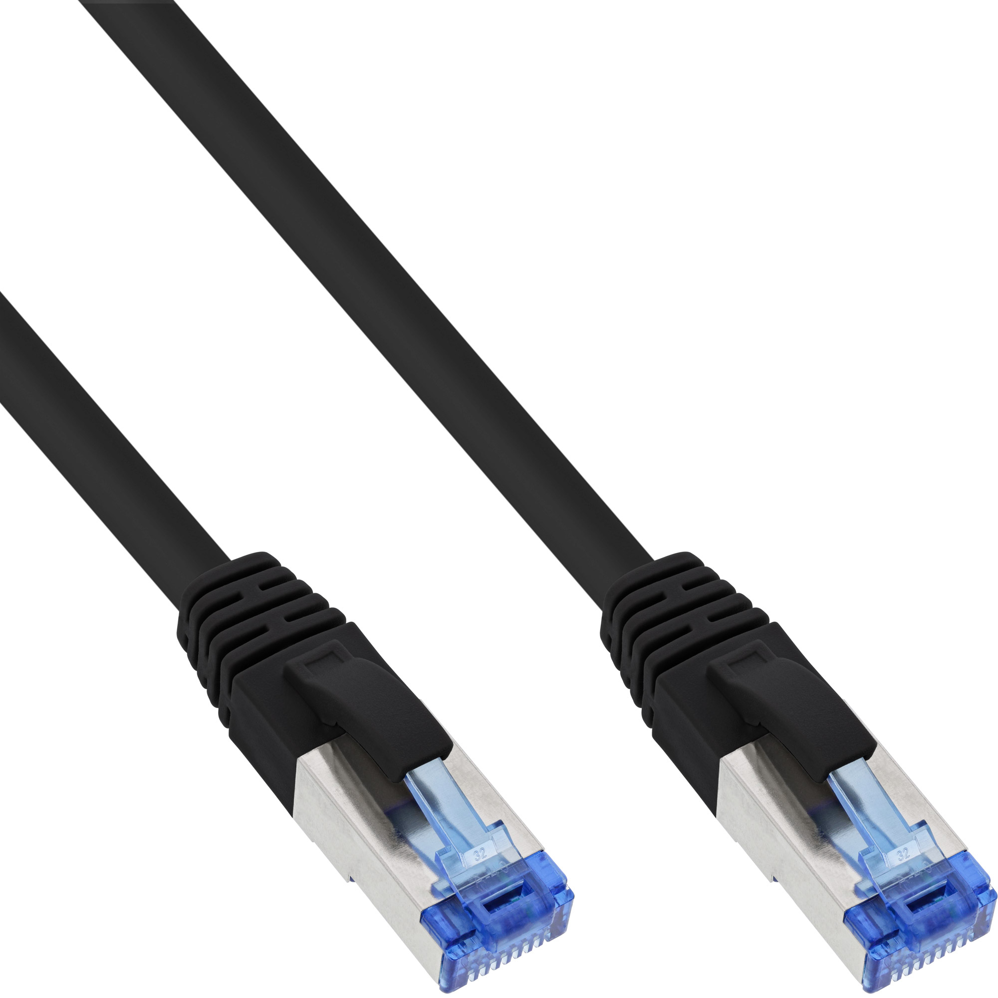 Câble réseau noir avec connecteurs bleus.