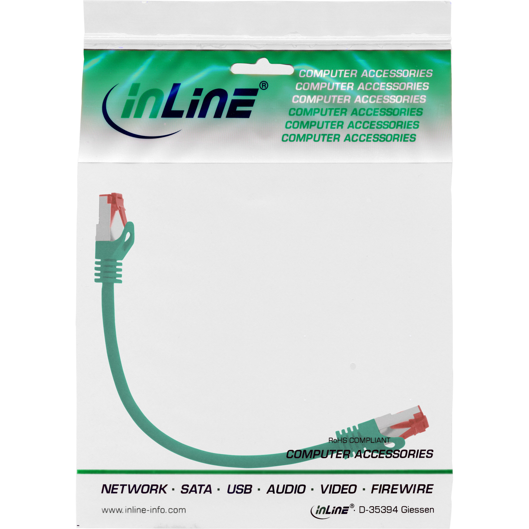 Cavo di rete verde con connettori, testo accessori computer.