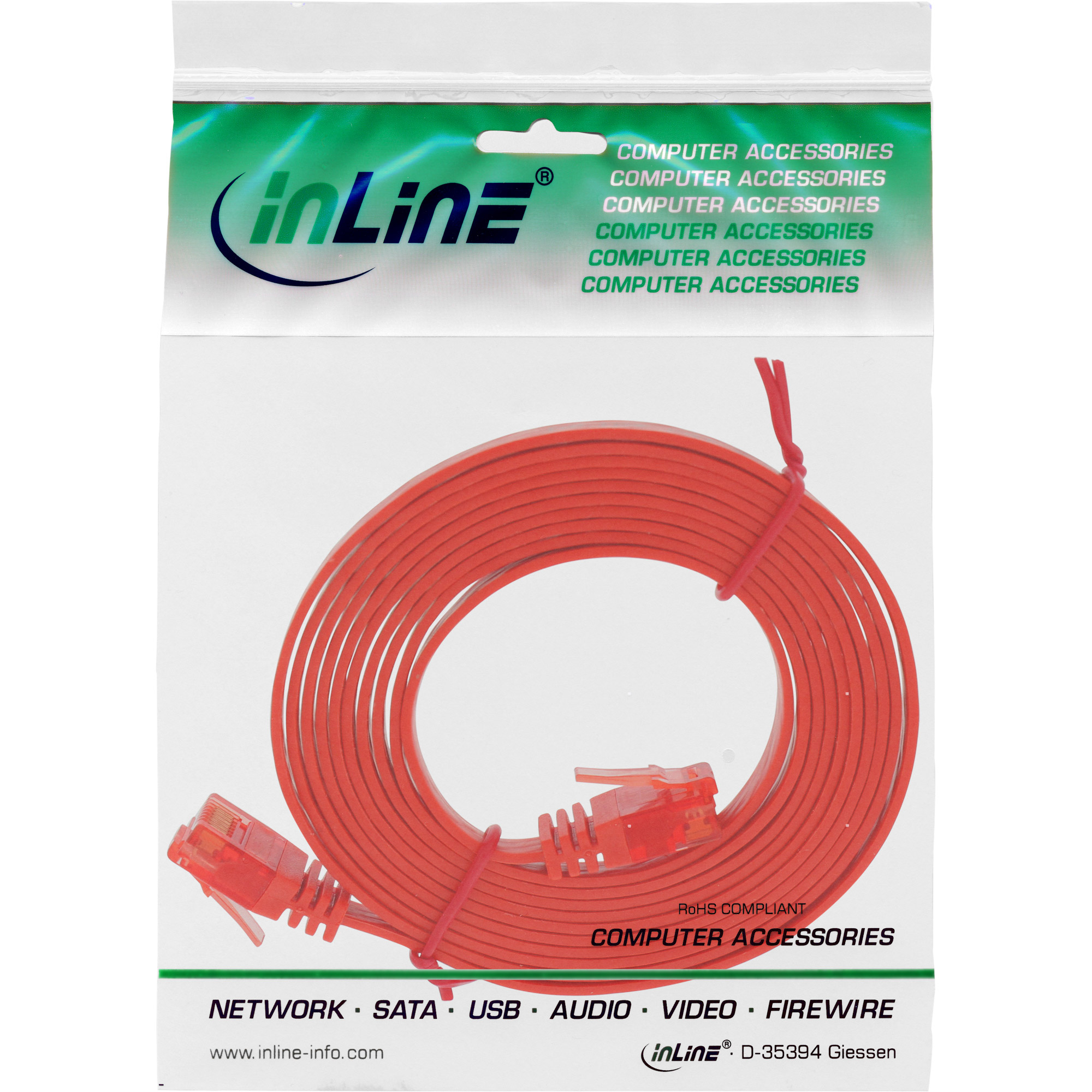 Un câble Ethernet rouge dans un sac en plastique transparent, étiqueté avec le logo inLine.