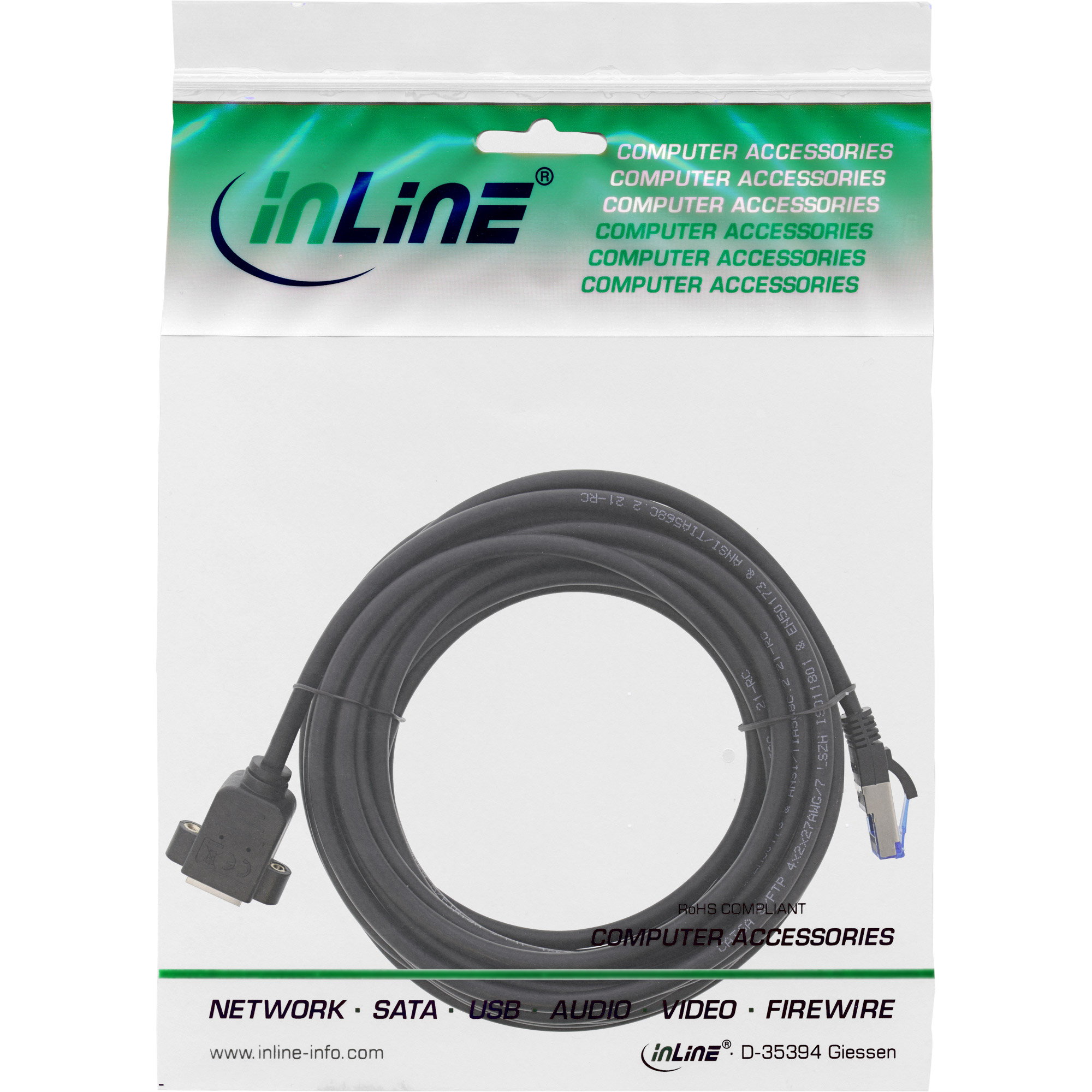 Câble réseau noir en sac plastique avec connecteur, accessoires réseau.