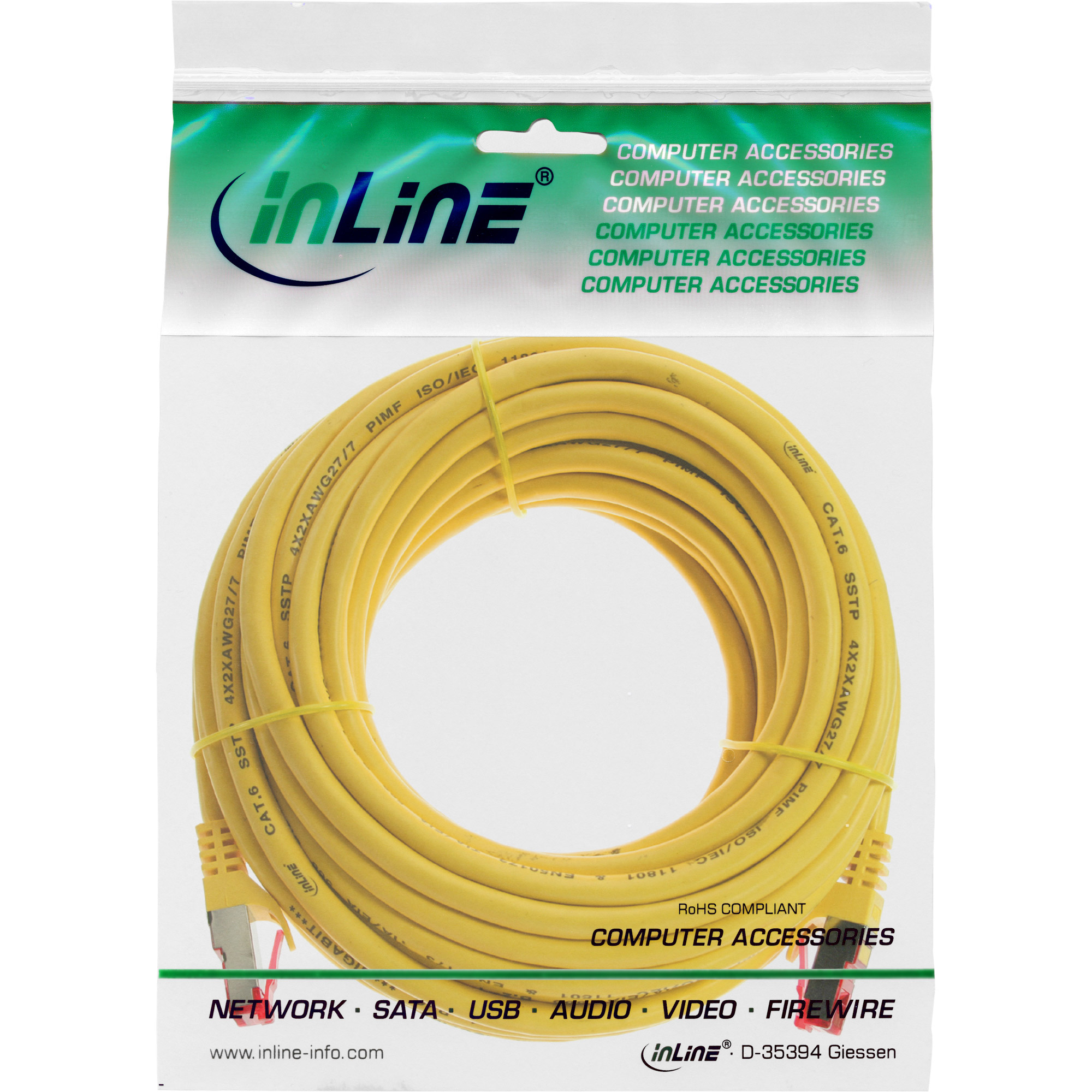 Cavo di rete giallo con connettori, accessori di rete in sacchetto di plastica.