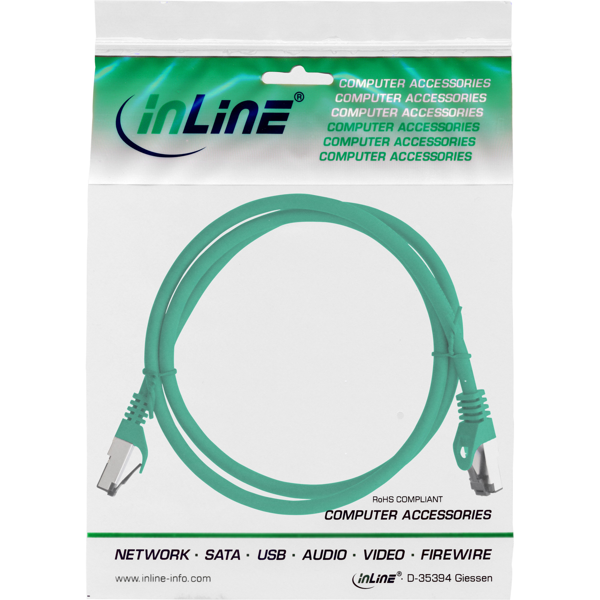 Cavo di rete verde con connettori, in un sacchetto di plastica, accessori.