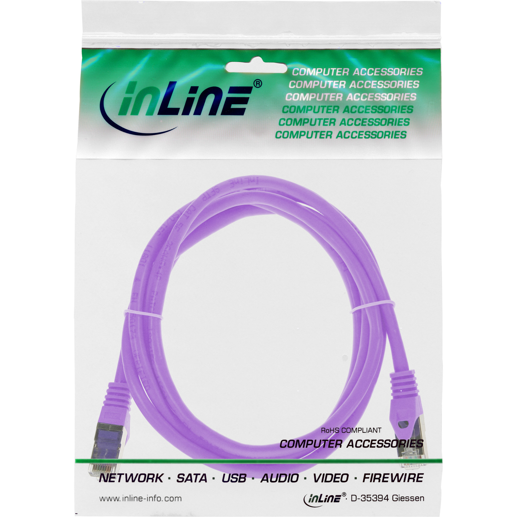 Câble réseau violet avec connecteurs, accessoires réseau en sac plastique.