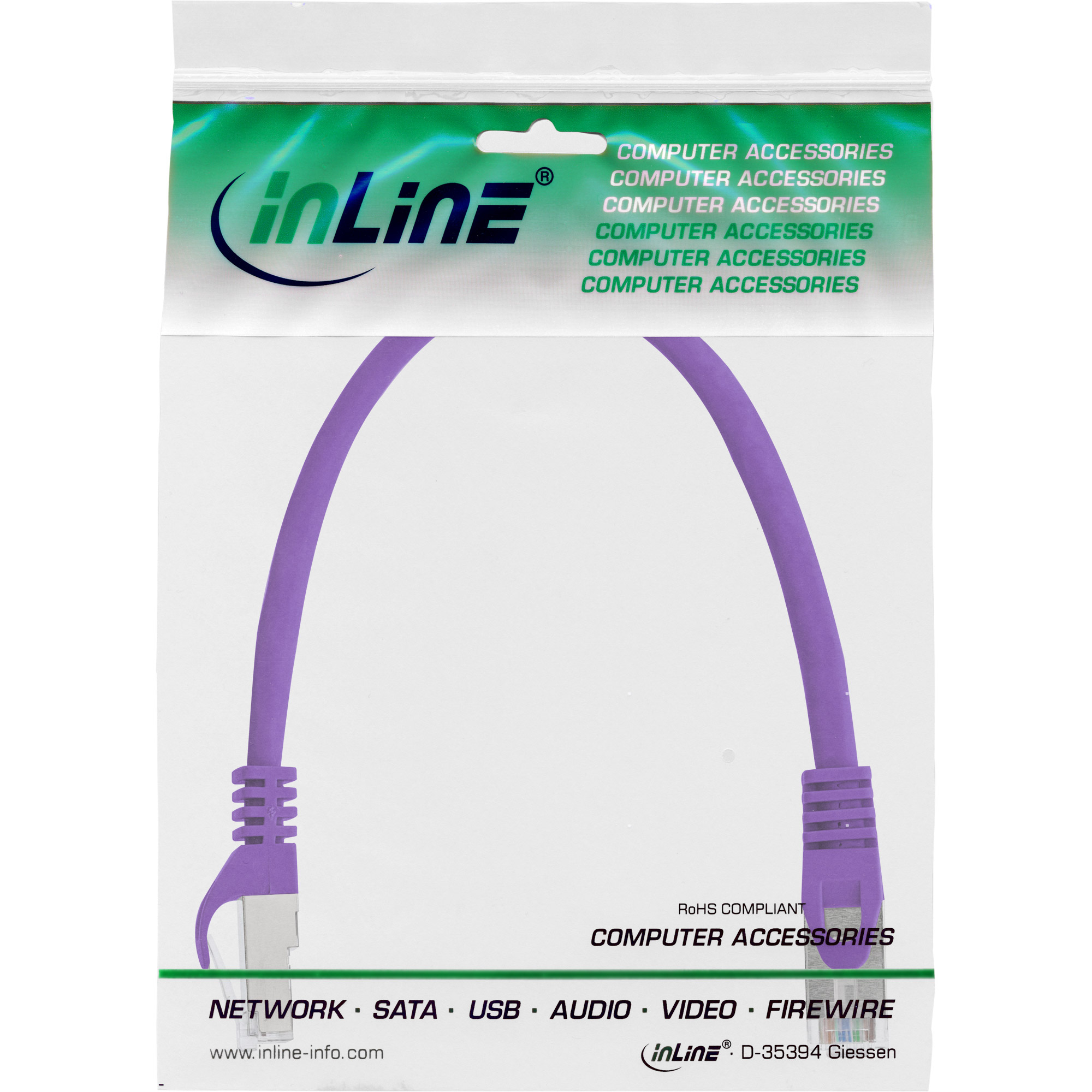 Cavo di rete viola con connettori in sacchetto, accessori per computer.