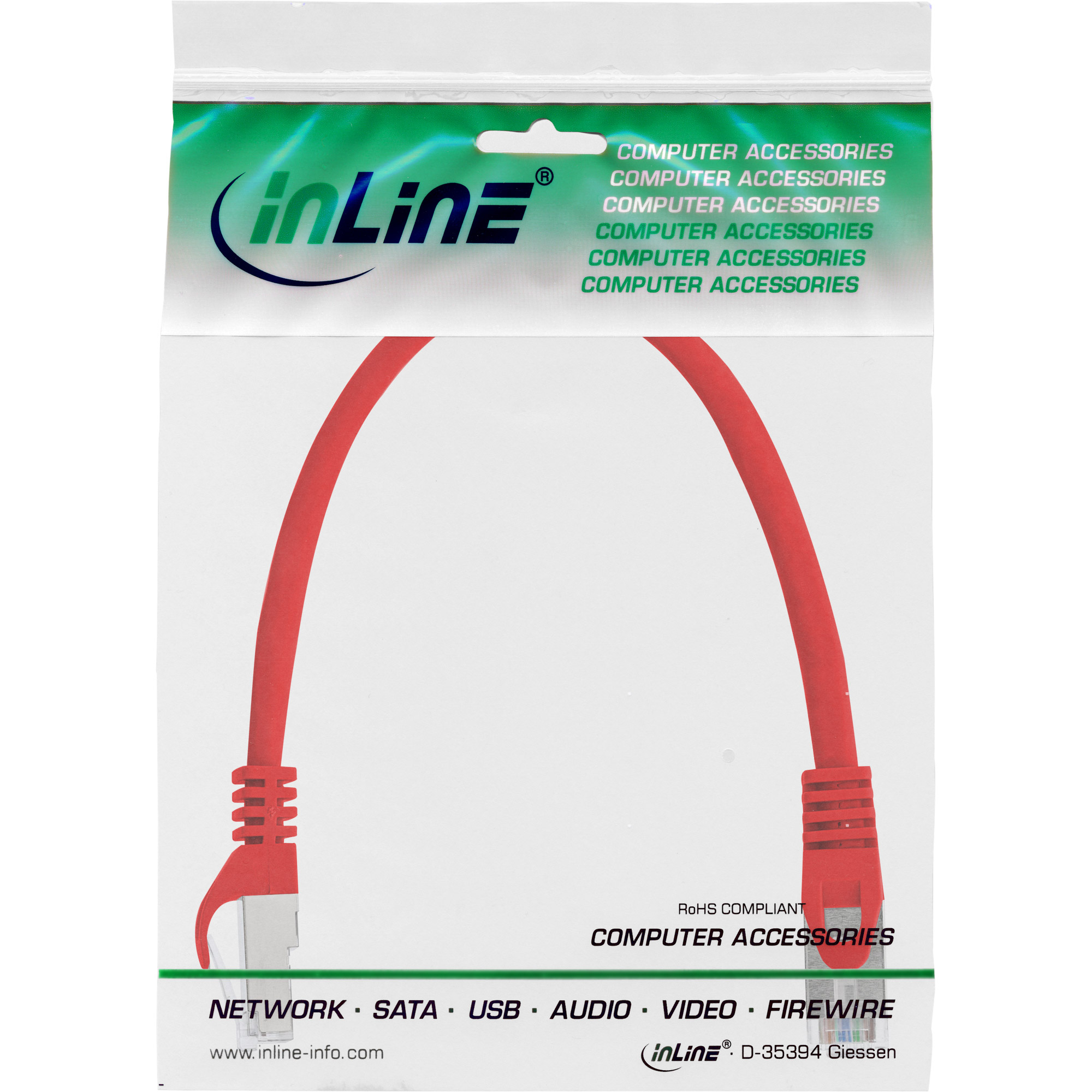Cavo di rete verde e bianco in sacchetto di plastica. Include testo accessori.