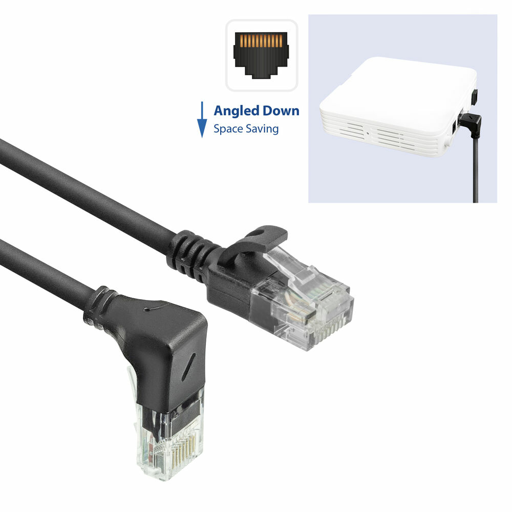 Czarny kabel sieciowy z lewym kątowym złączem i białym routerem w tle.