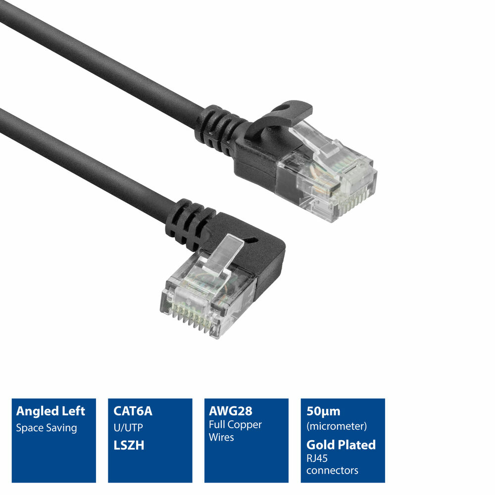 Cavo di rete nero con connettore angolato a sinistra e router bianco sullo sfondo.
