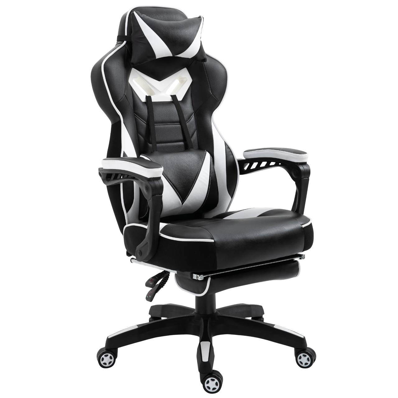 Silla gaming, negro y blanco con diseño ergonómico sobre fondo negro.