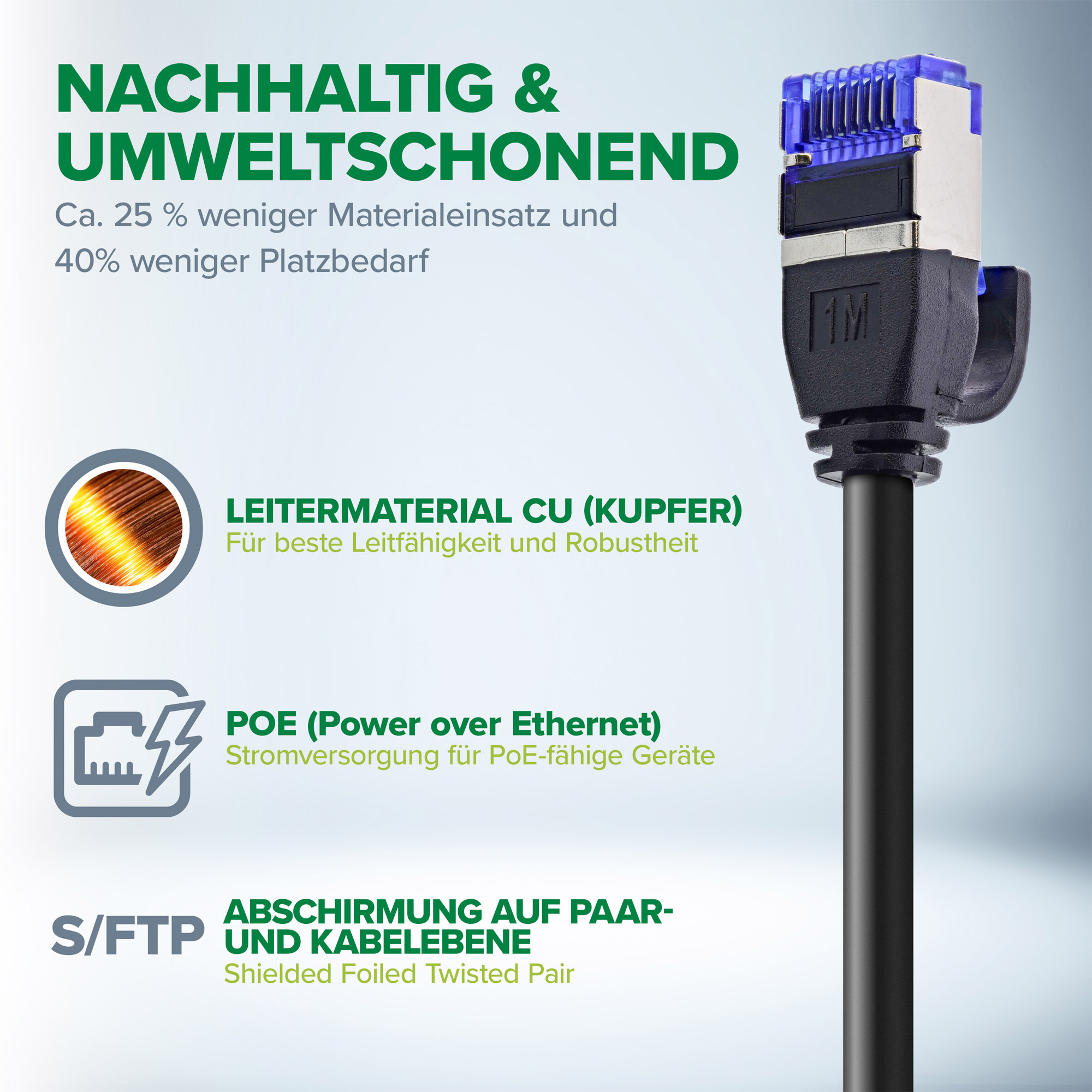 Kabel sieciowy z niebieskim złączem. Tekst o zrównoważonym rozwoju środowiskowym. Białe tło.