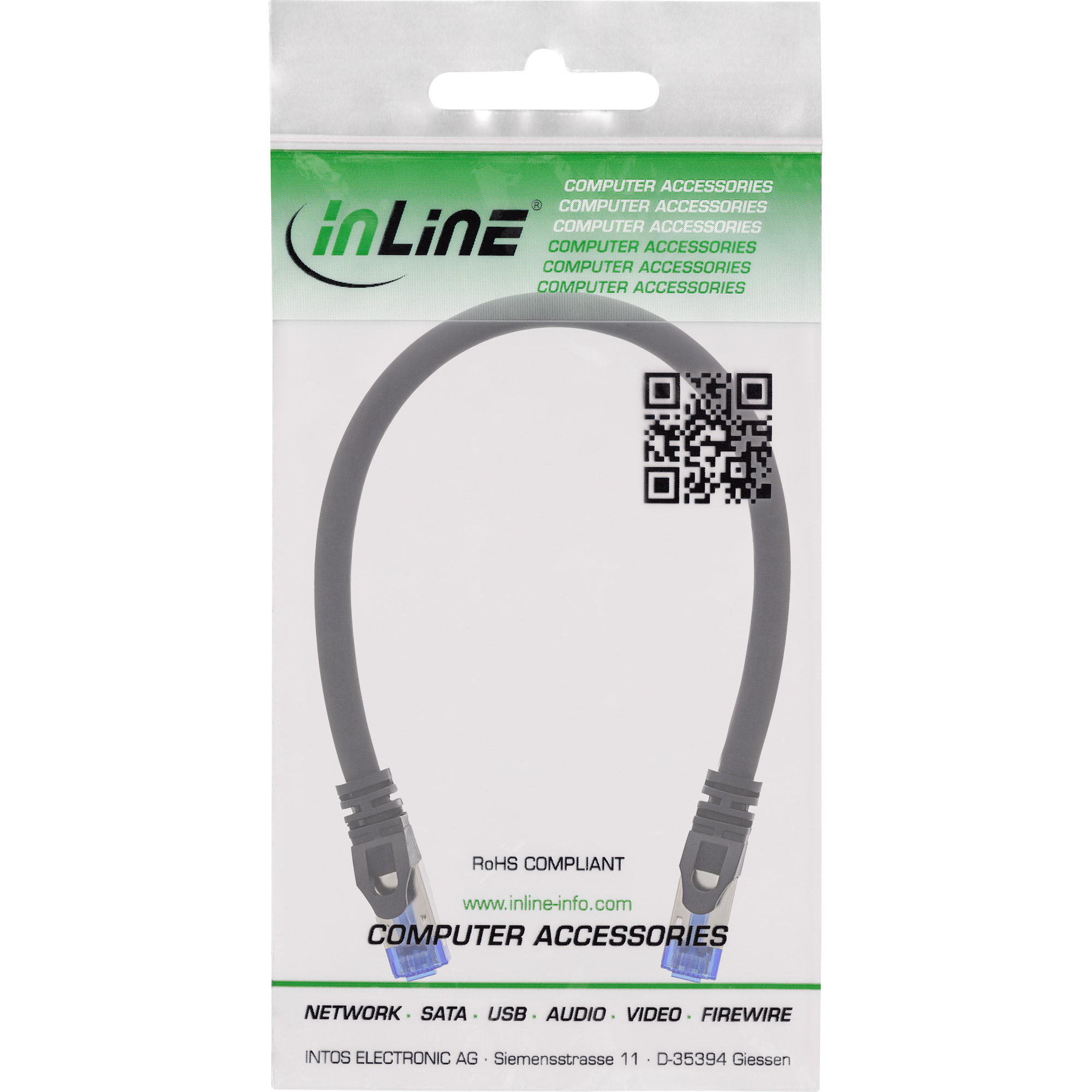 Una confezione di un cavo Ethernet nero. La confezione ha il testo 'Accessori per computer' e un logo.