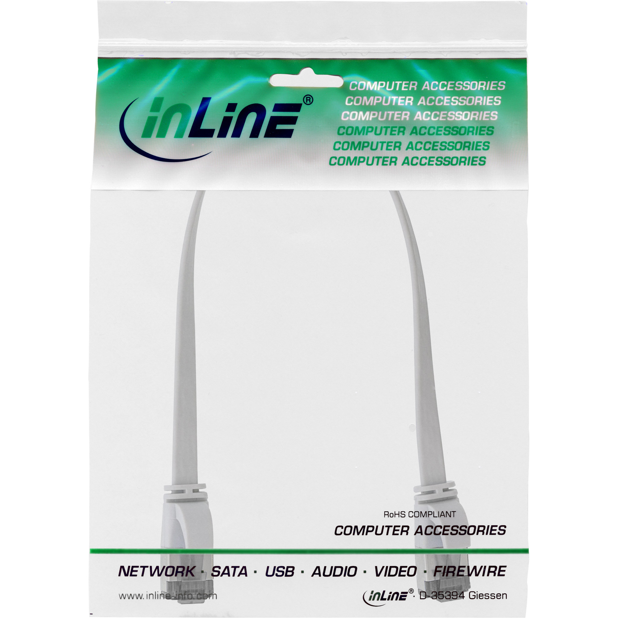 Een productverpakking van een witte Ethernet-kabel. De verpakking heeft de tekst 'Computeraccessoires' en een logo.