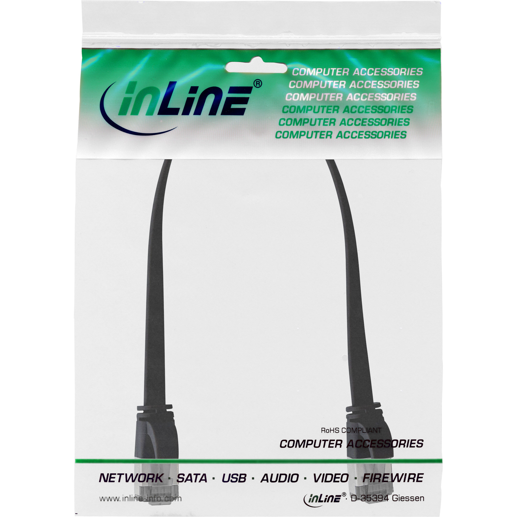 Een productverpakking van een zwarte Ethernet-kabel. De verpakking heeft de tekst 'Computeraccessoires' en een logo.