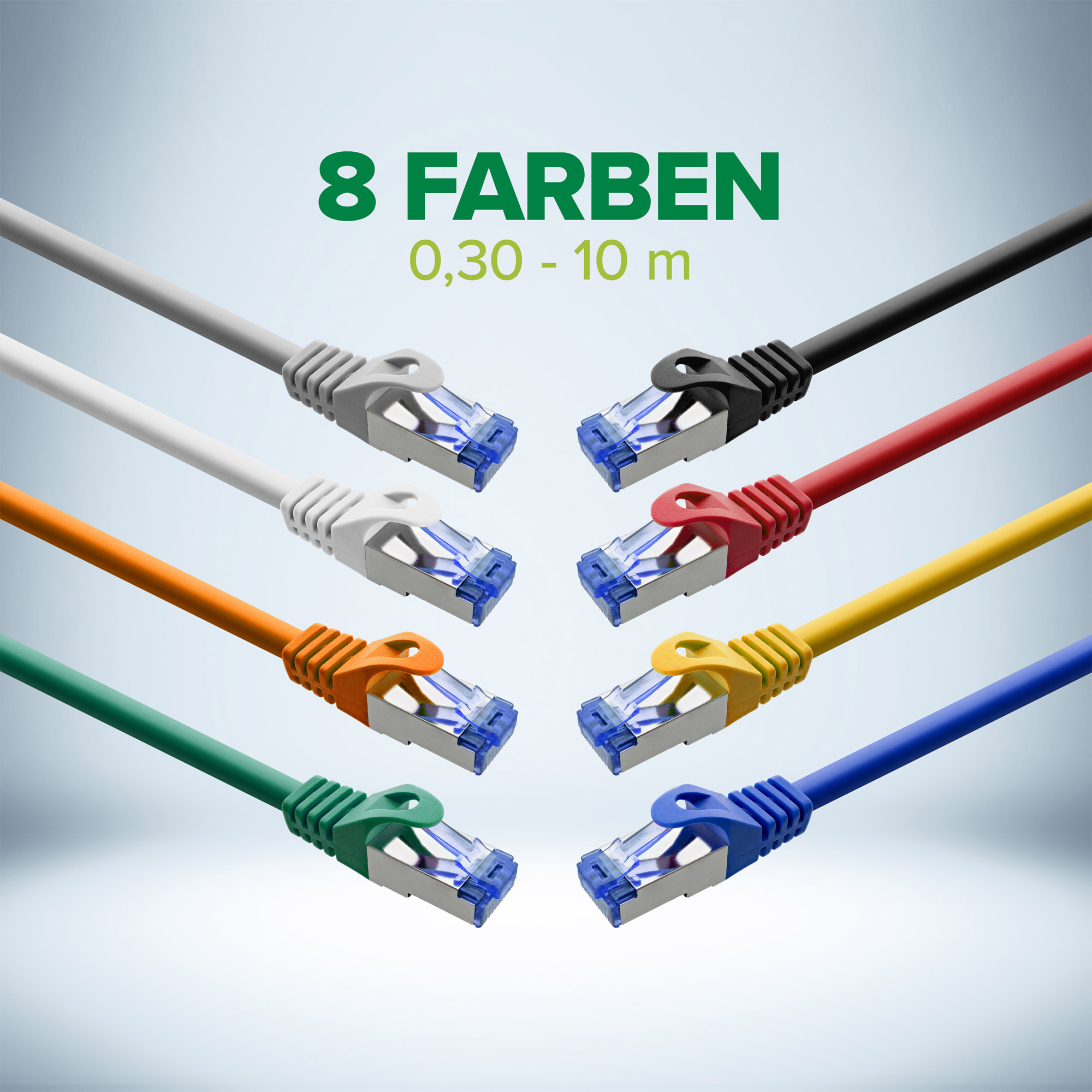 L'immagine mostra 8 cavi Ethernet di diversi colori. Il testo dice '8 colori, 0,30 - 10 m'.