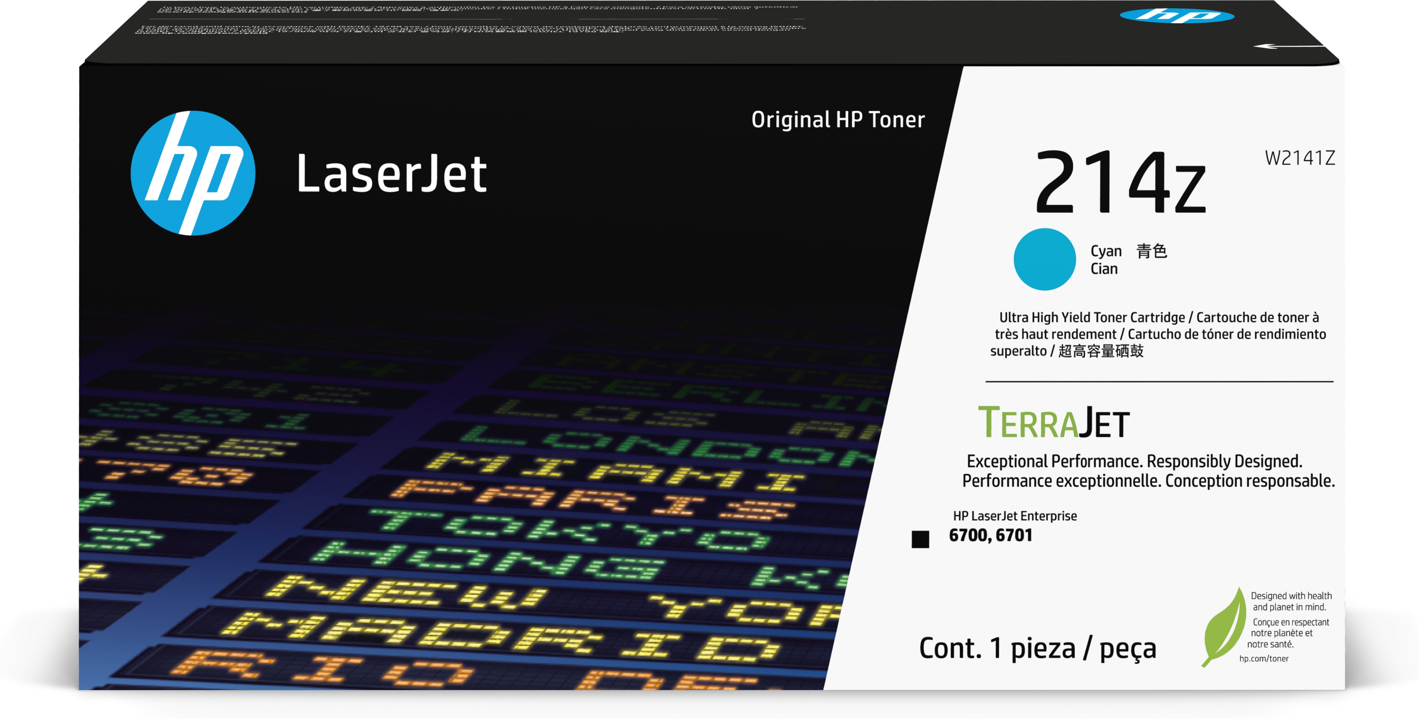 Pudełko z tonerem HP LaserJet cyan z tłem tablicy odlotów z lotniska ze szczegółami produktu.