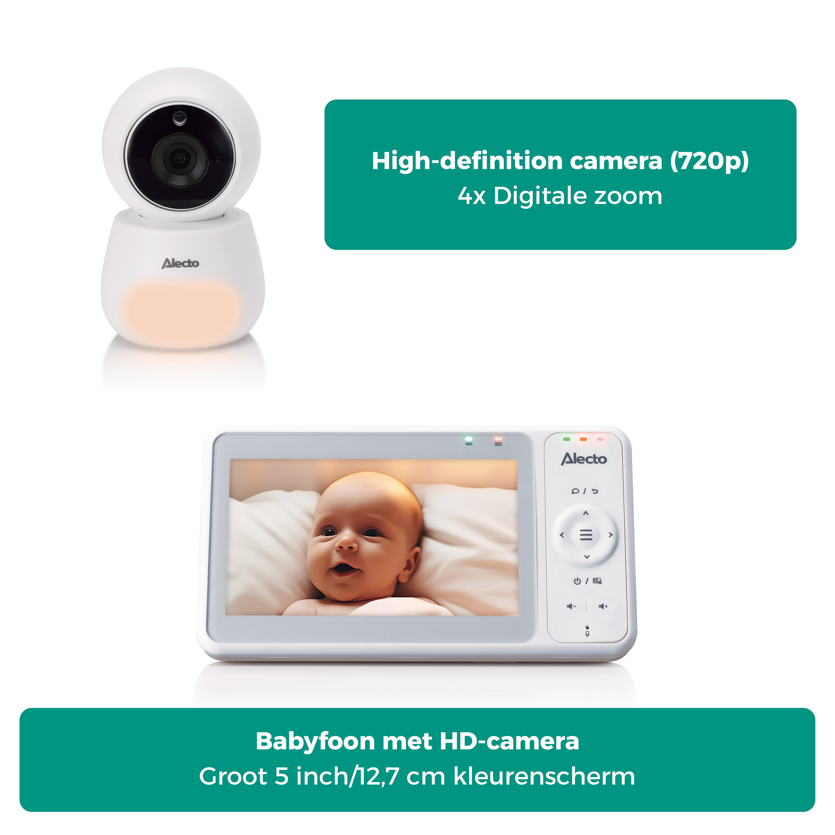 Een babyfoonset. Het bevat een camera en een monitor. De monitor toont een baby.