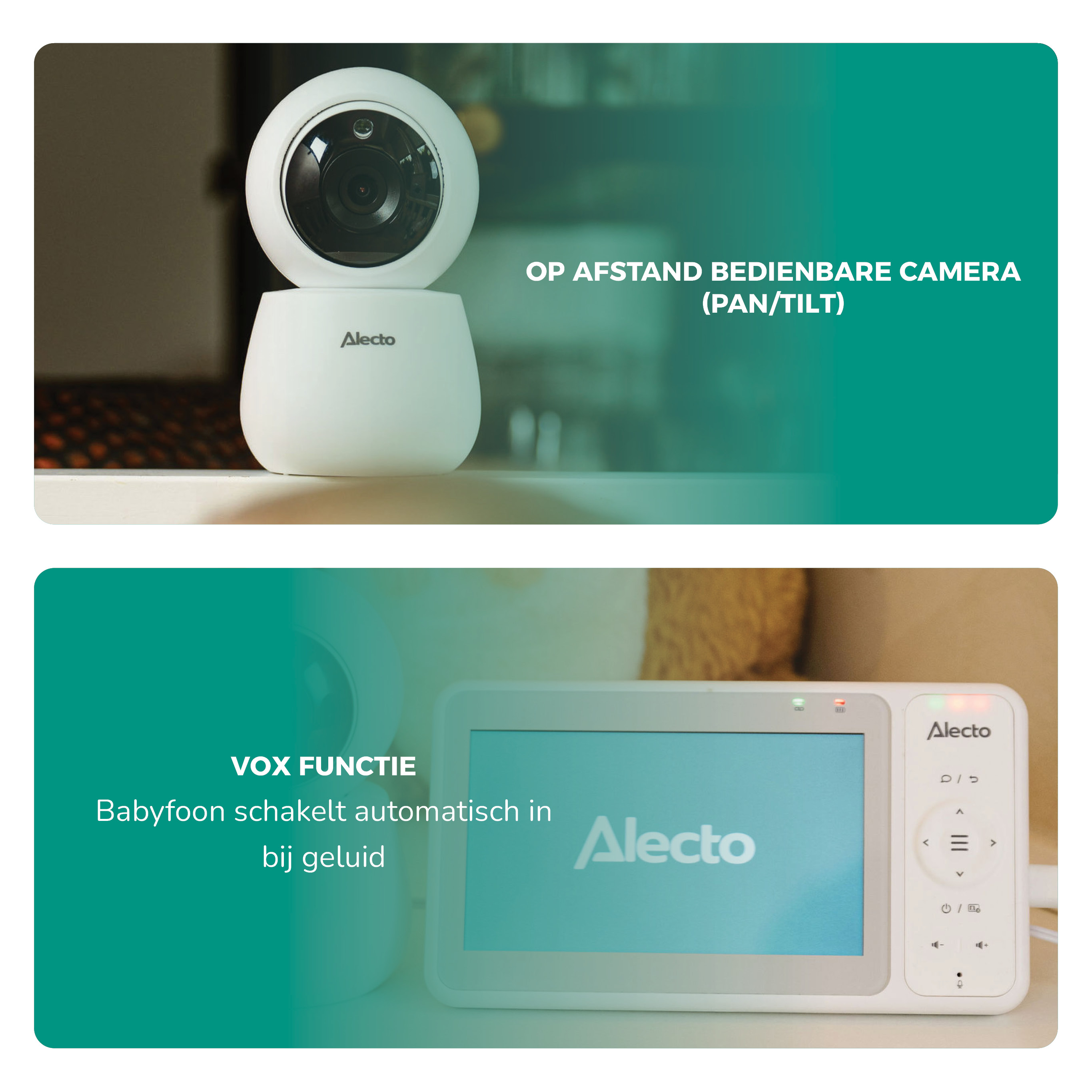 Witte babyfoon camera en scherm. Tekst: "OP AFSTAND BEDIENBARE CAMERA (PAN/TILT)".