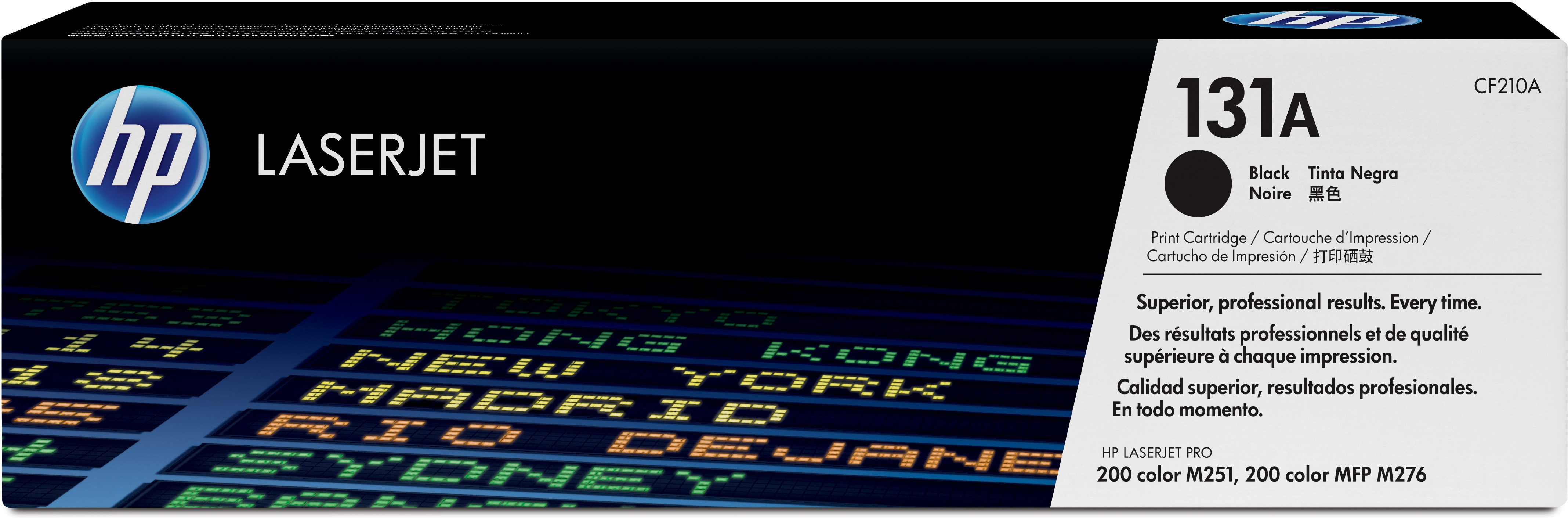 Pudełko z tonerem HP LaserJet z tłem tablicy podróżnej. Czarny toner 131A.