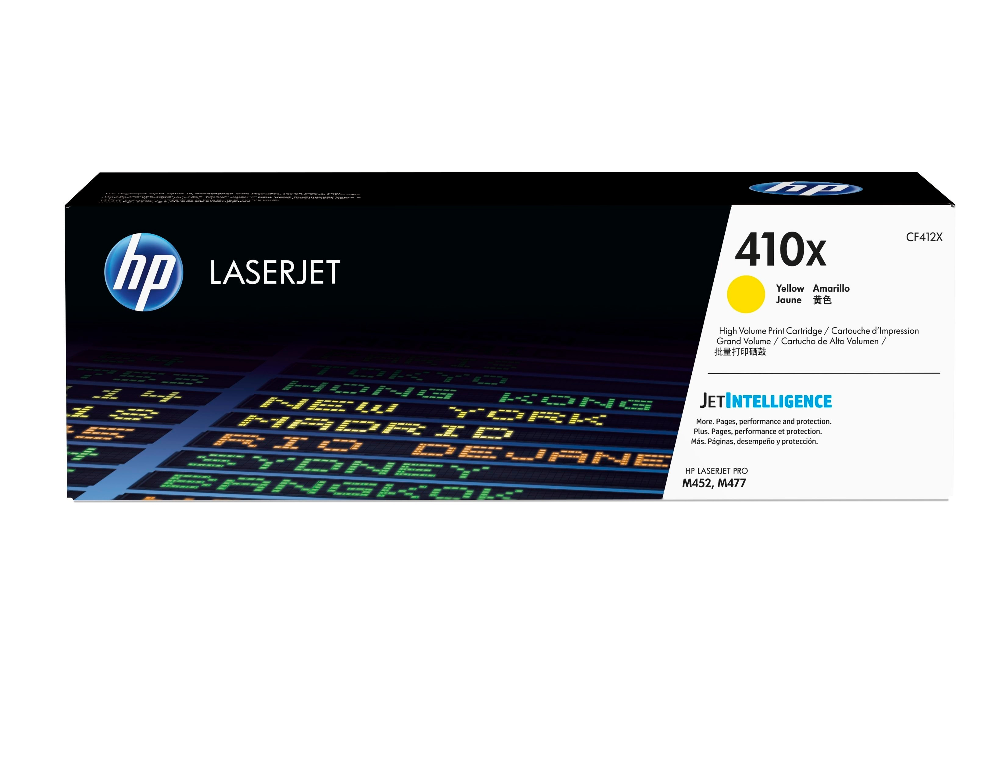 Toner HP LaserJet z żółtym tonerem 410x. Zawiera wkład z technologią JetIntelligence i tło lotniska.