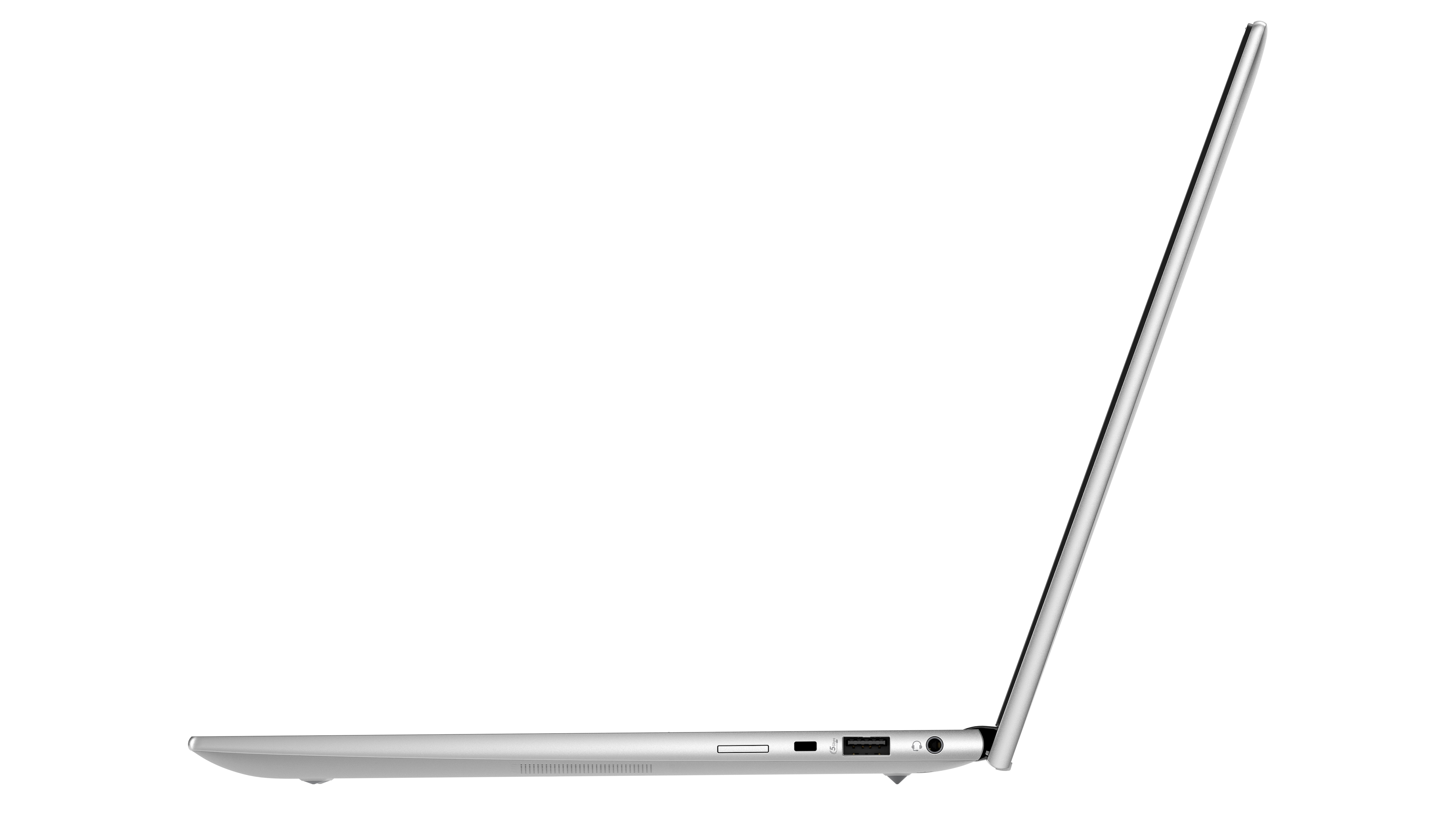 Seitenansicht eines silbernen Laptops. Der Hintergrund ist weiß.