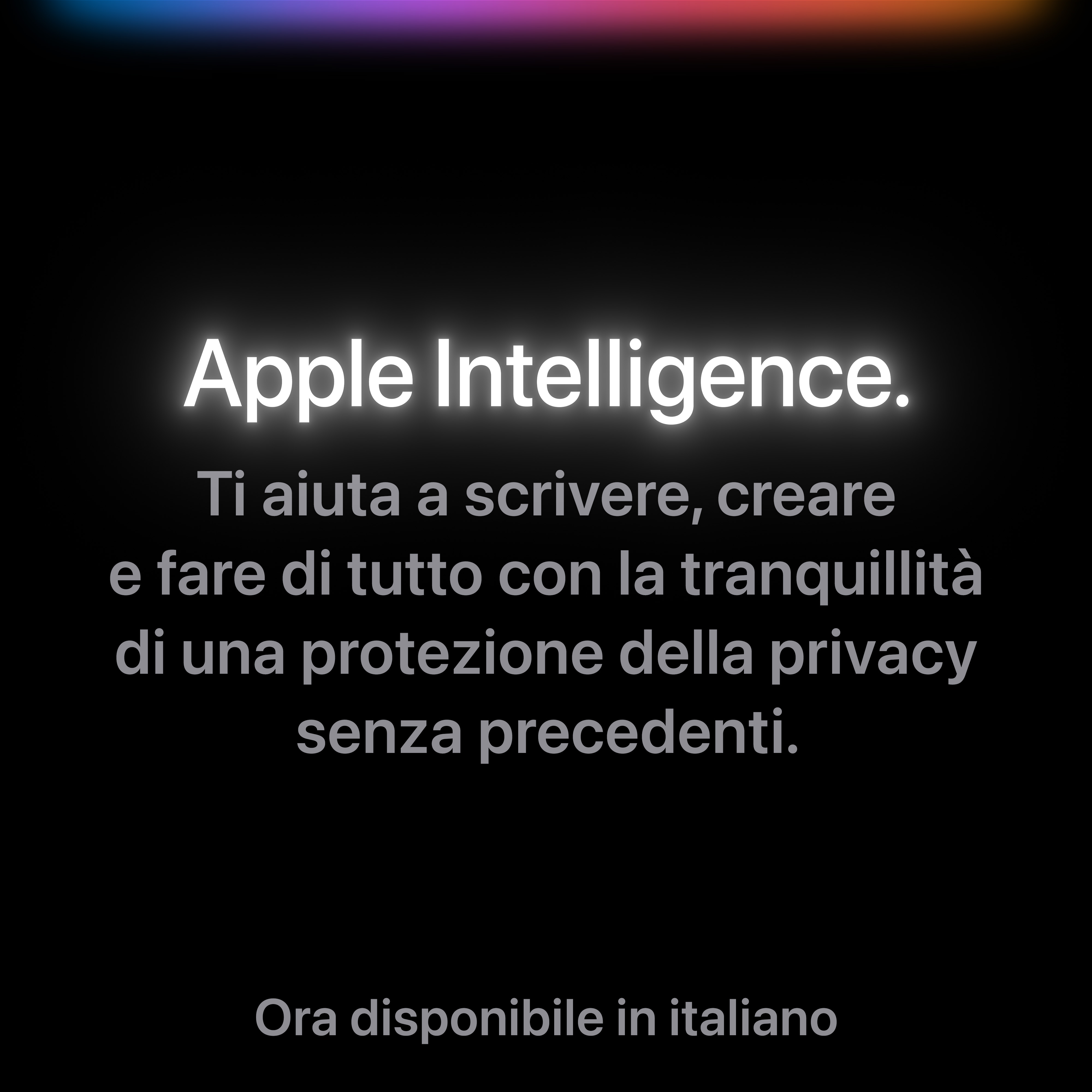 Czarny ekran ze słowami 'Apple Intelligence' i włoskim tekstem. Tło to gradient.