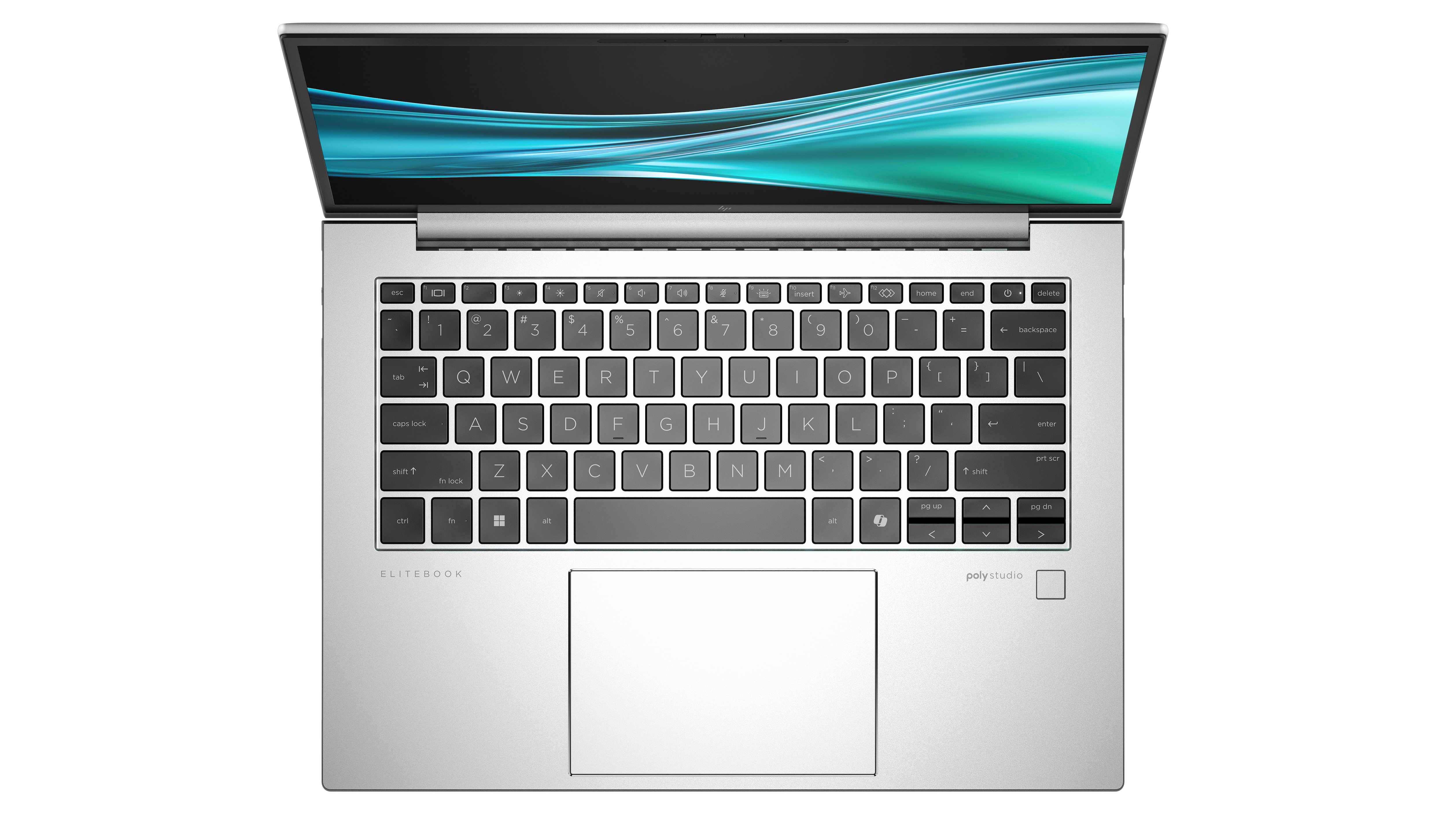 Draufsicht auf einen geöffneten Laptop. Die Tastatur ist sichtbar. Der Hintergrund ist weiß.