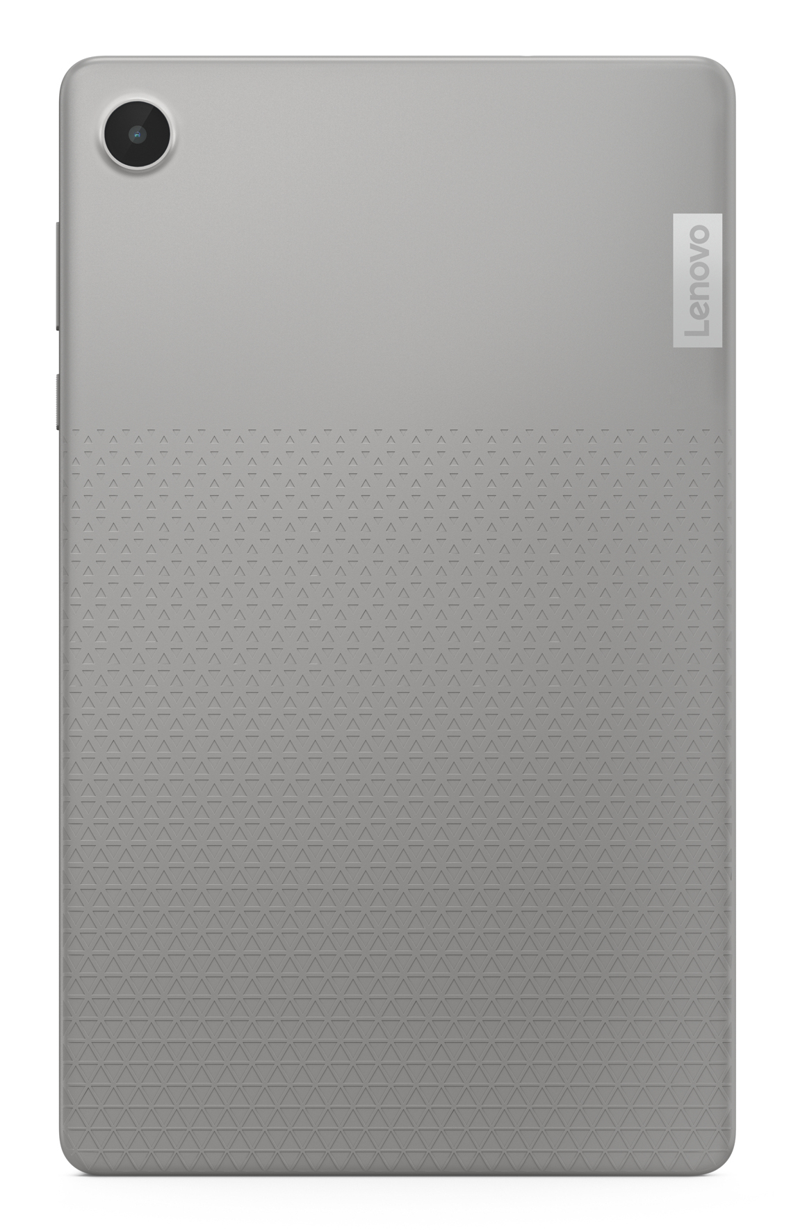 Tył szarego tabletu, z aparatem i logo Lenovo. Tył ma wzorzystą teksturę.