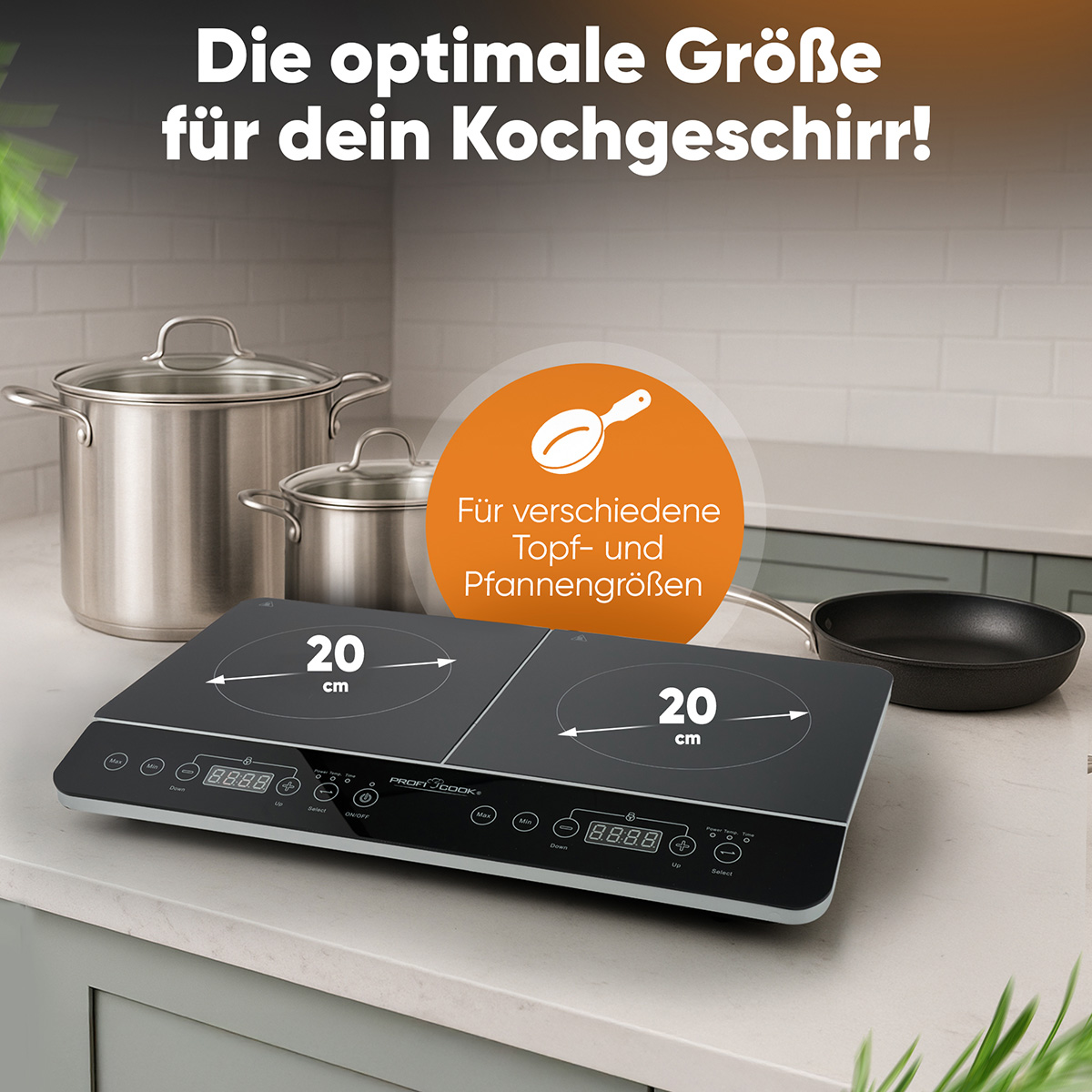 Płyta indukcyjna z dwoma strefami gotowania. Garnki i patelnie w tle. Tekst na płycie.