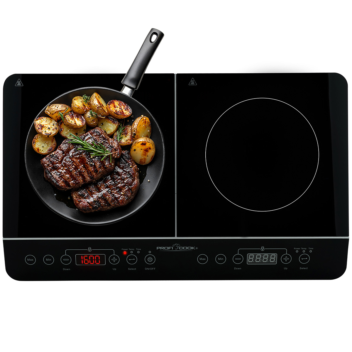 Płyta indukcyjna ze stekiem i ziemniakami smażącymi się na patelni. Elementy sterujące są widoczne na dole.
