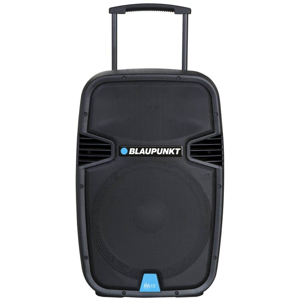 Altoparlante nero Blaupunkt PA15. Pannello frontale e maniglia in rete nera. Accento blu in basso.